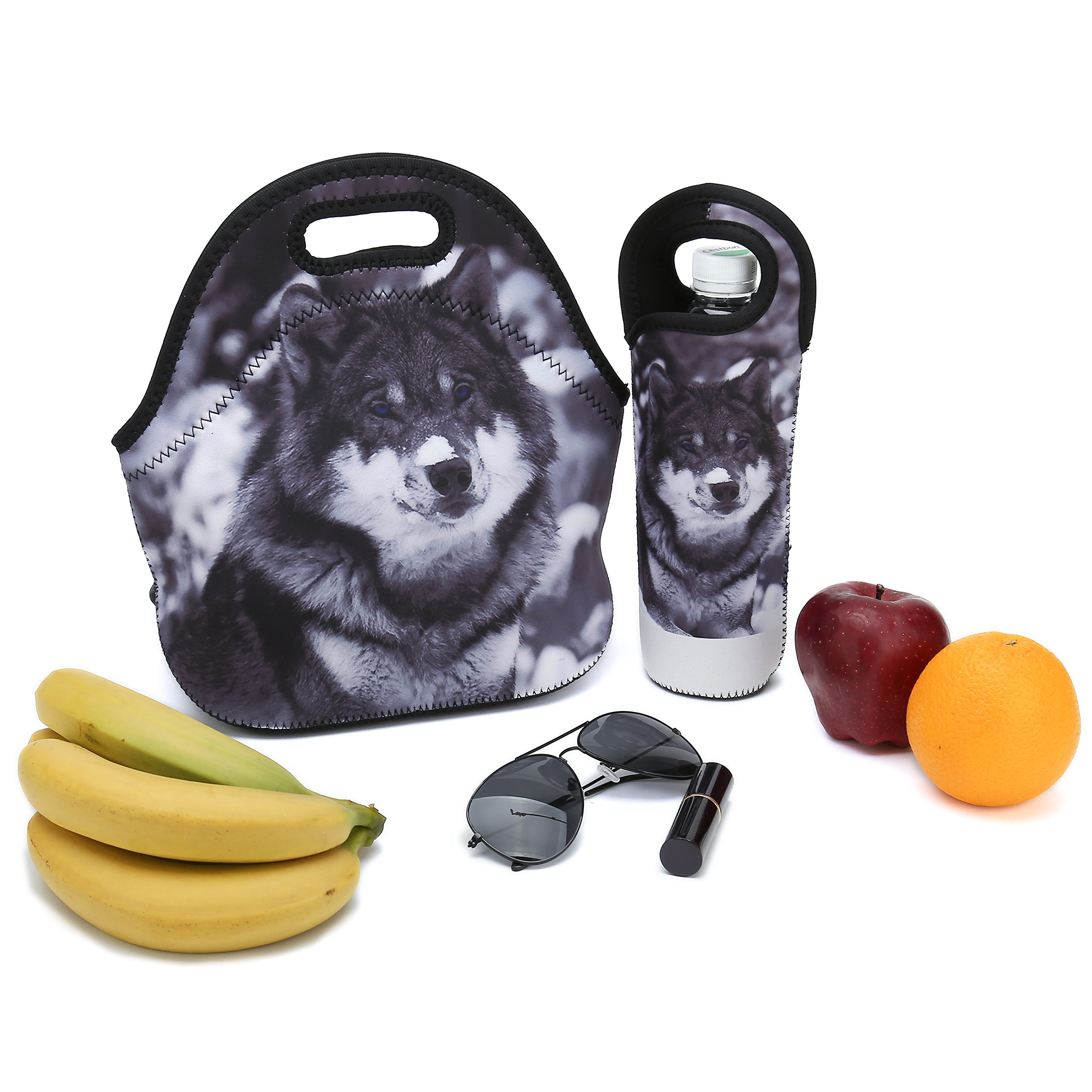Premium Neoprene Insulated Lunch Bag for Women, Men & Kids - Thick Thermal Lunch Box with Water Bottle Holder - Lightweight & Durable for Travel, Picnic, School, Office - Perfect for Keeping Meals Fresh at Work, Outdoor Adventures or Daily Commute (Snow Wolf)