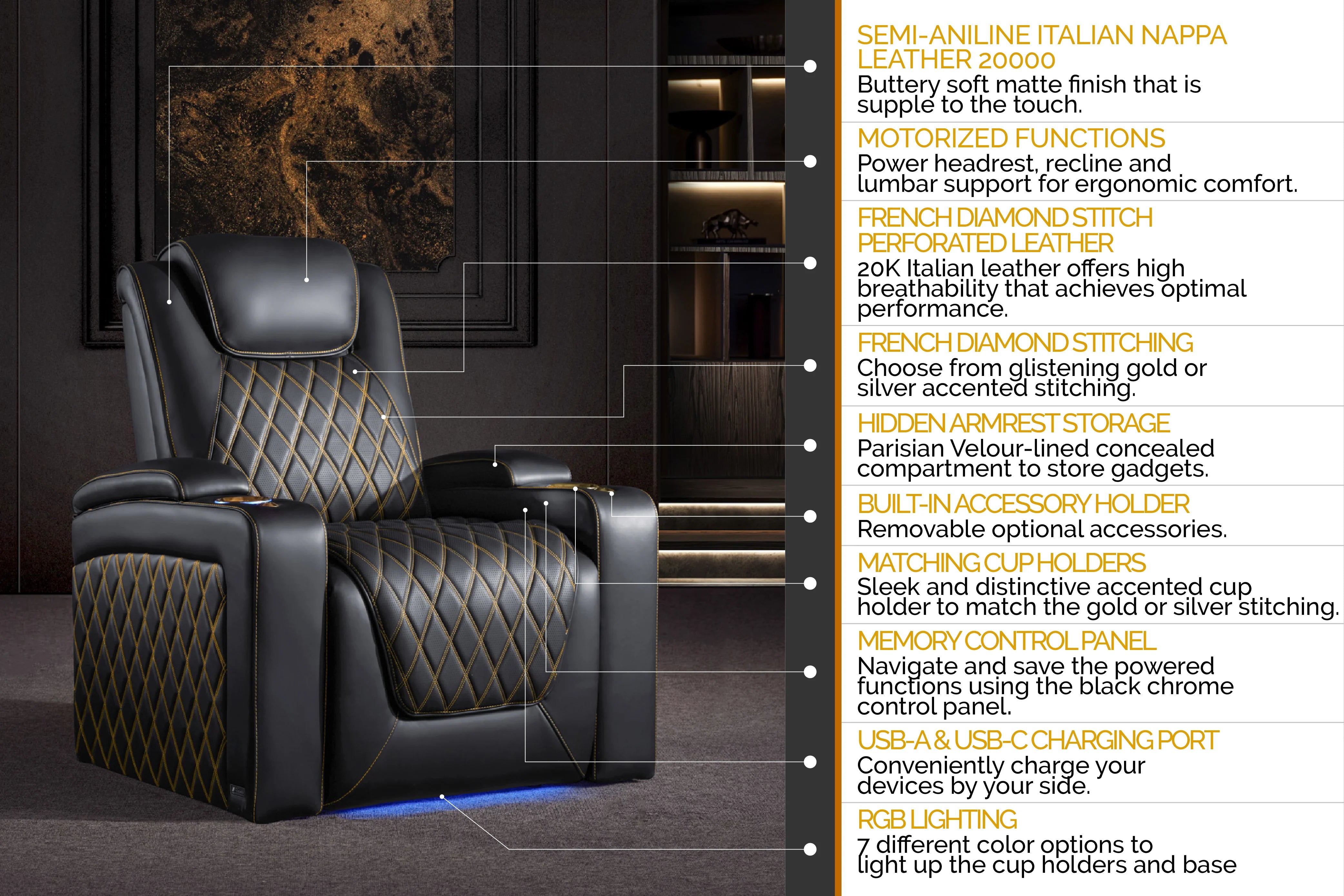 Valencia 2025 Oslo Ultimate Luxury Leather Home Theater Seating - 5-Seat Row Loveseat Left Facing in Onyx Black with Silver Stitching | Perfect for Home Cinemas, Media Rooms & Luxury Home Theaters