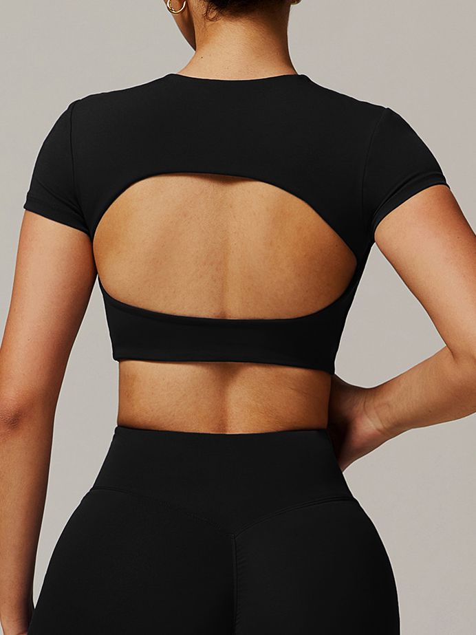 ZASUWA Women's Solid Color Backless Crop Top with Built-in Pads - Short Sleeve Casual Shirt for Summer, Beach, and Party Wear