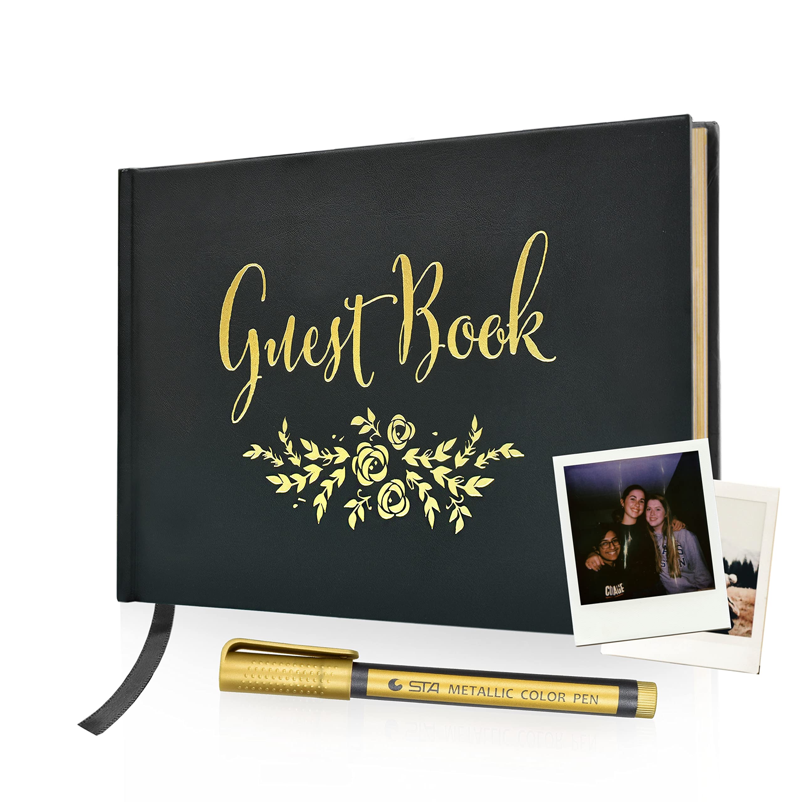 Elegant Guest Book for Weddings, Baby Showers & Funerals - Timeless Keepsake with Polaroid, Bookmark & Gold Floral Design - 9x6 Inch 100-Page Memory Book for Special Events, Vacation Homes & Celebrations