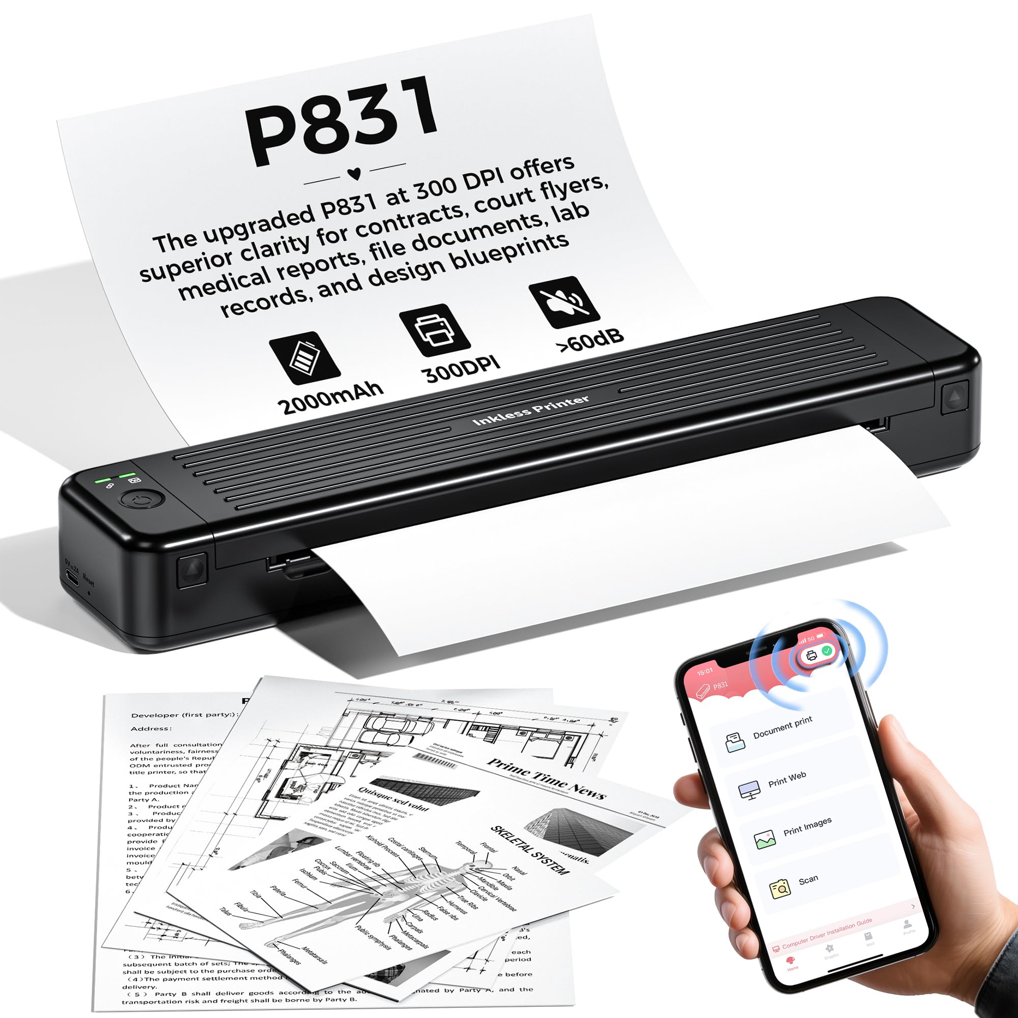 PhoFuta Portable Bluetooth Thermal Printer 300 DPI - Mini Wireless Printer for iPhone & Android, Compatible with 5.8-8.5