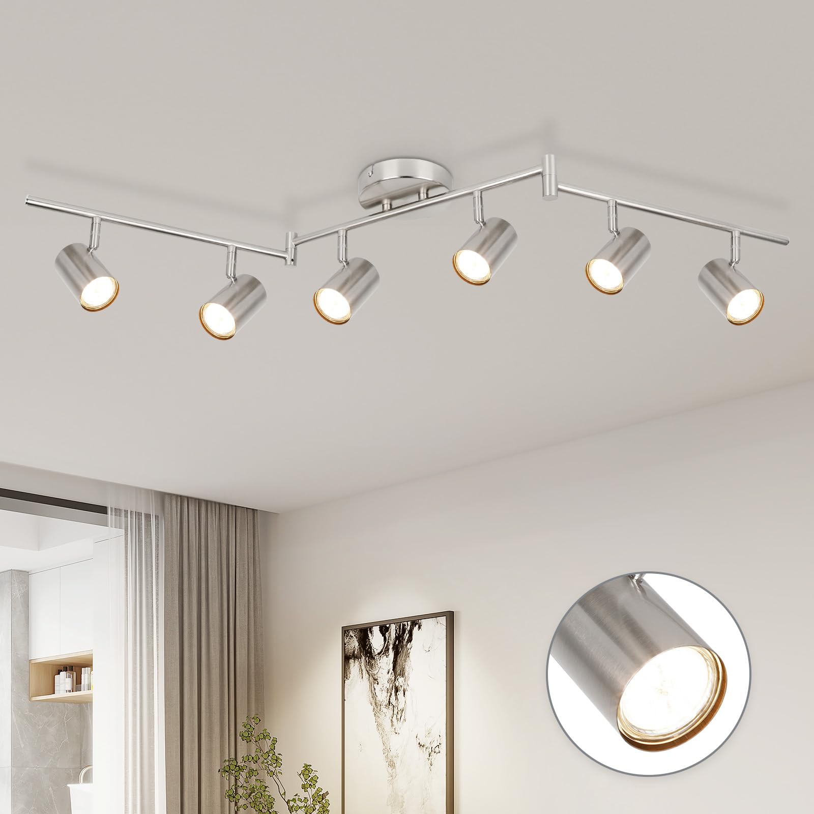 Black Adjustable Track Lighting Fixture with 6 GU10 Nickel Heads - Directional Ceiling Spotlight for Kitchen, Office, Dining Room, Closet & Studio | Modern Home & Commercial Lighting Solution