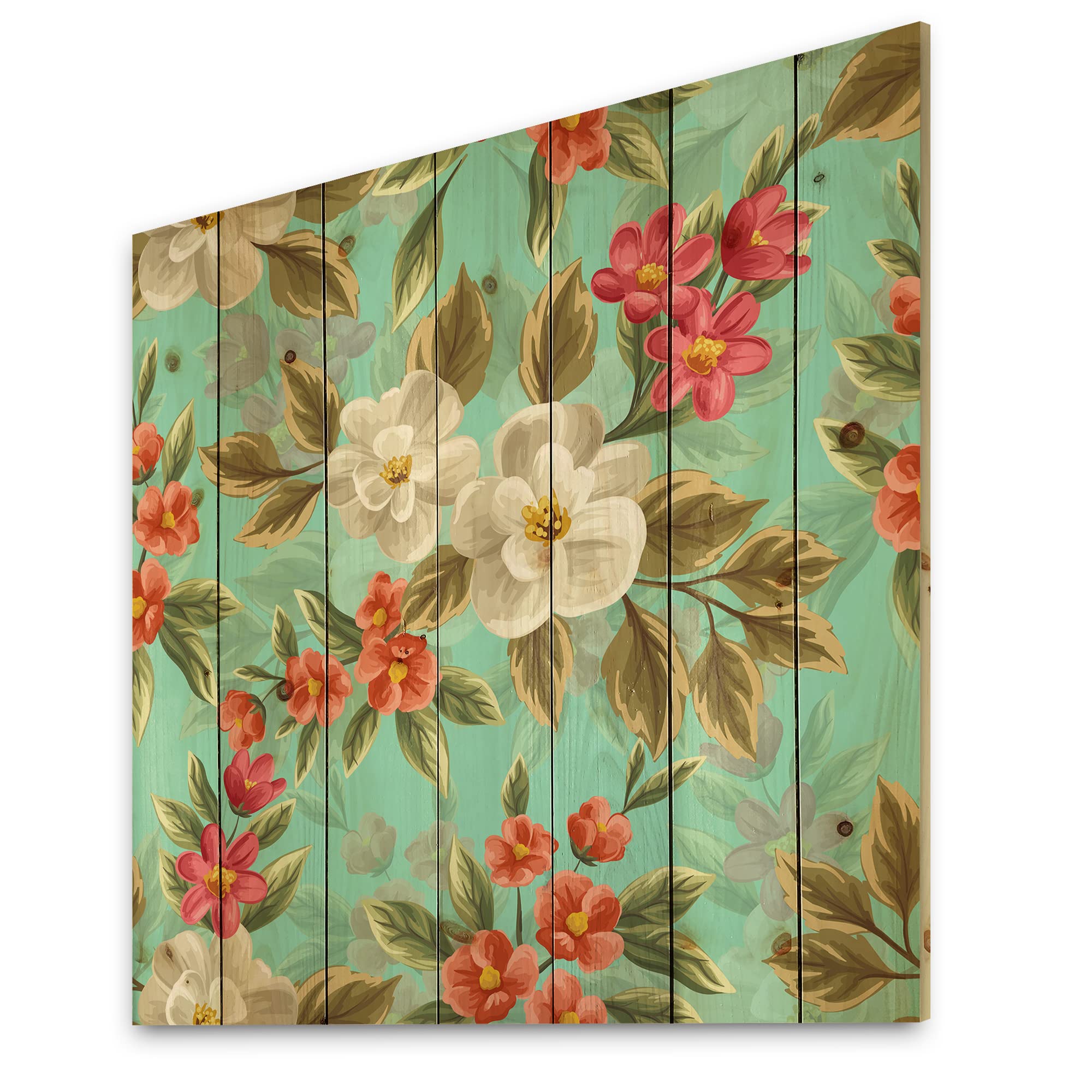 DesignQ Floral Seamless Pattern Traditional Wood Wall Decor - Green Wood Wall Art - Large Floral Wood Panels Printed on Natural Pine - Perfect for Living Room, Bedroom & Office Decor