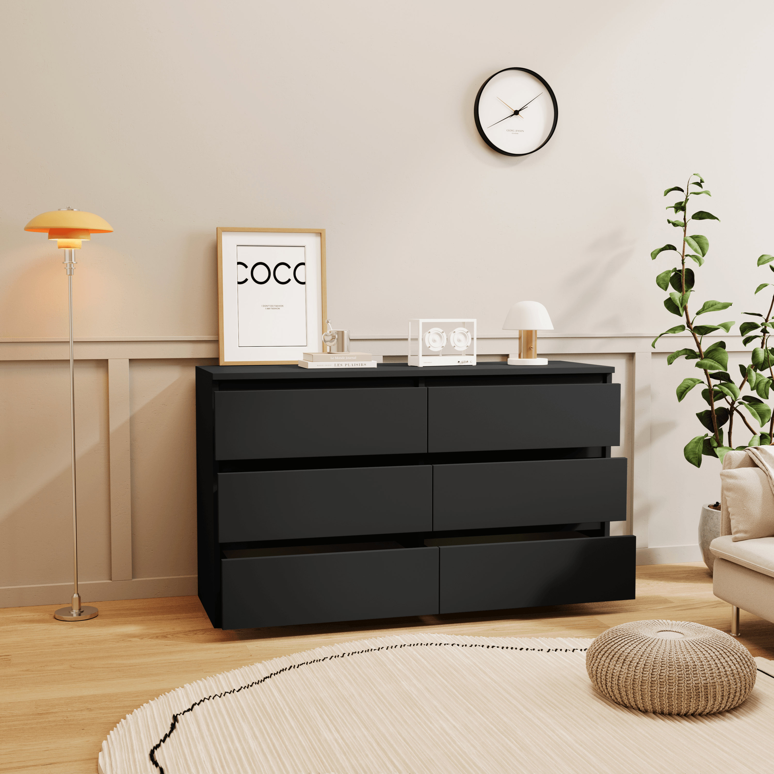 Large Black 6-Drawer Chest Dresser with Mirror - Perfect for Bedroom Storage & Organization
