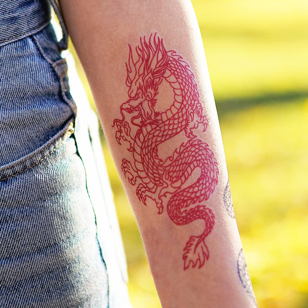 Red Dragon Temporary Tattoo - Waterproof Fake Tattoos for Adults & Kids - Perfect for Halloween, Cosplay, Parties & Costume Events
