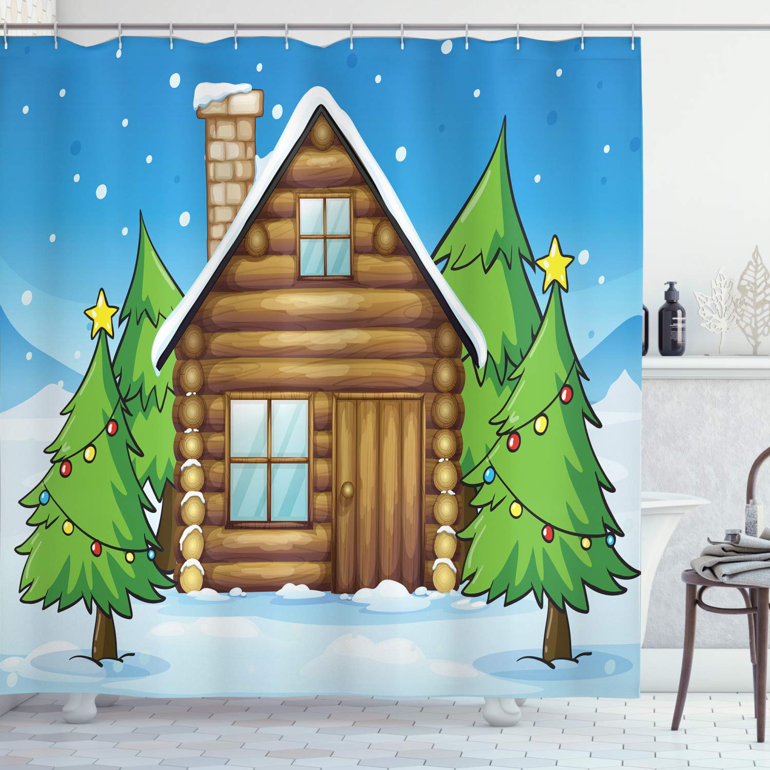 Ambesonne Winter Log Cabin Shower Curtain - Christmas Fir Tree & Holiday Decor Bathroom Set with Hooks, 69x70 Inches, Sky Blue Multicolor - Cozy Cabin Theme for Winter Holidays & Christmas Bathroom Decor