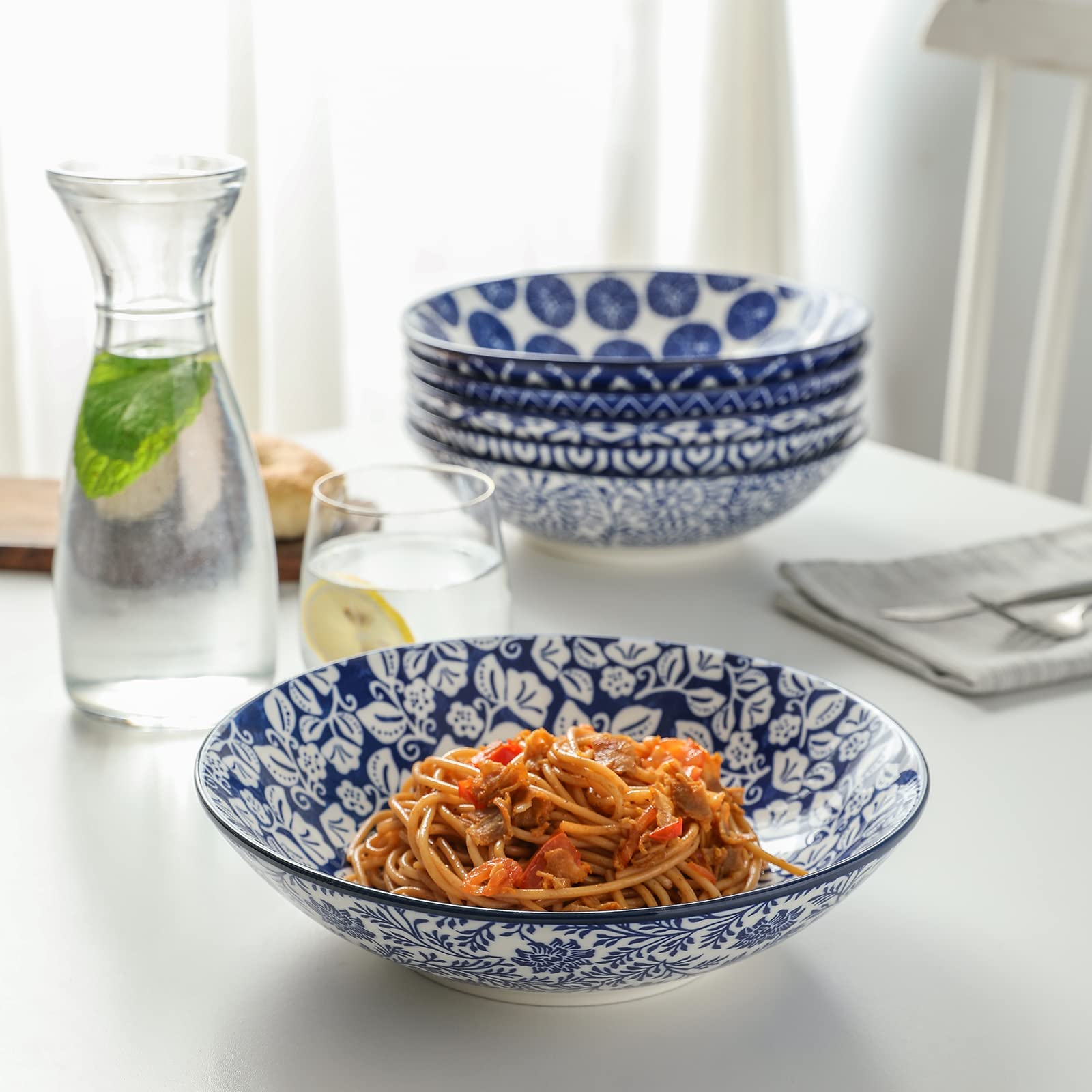 Selamica 30oz Ceramic Pasta Salad Bowls - Set of 6, 8 Inch Wide Shallow Soup Bowls, Stackable, Microwave & Oven Safe, Vintage Blue - Perfect for Serving Pasta, Salad, Soup, Ice Cream & Party Dishes
