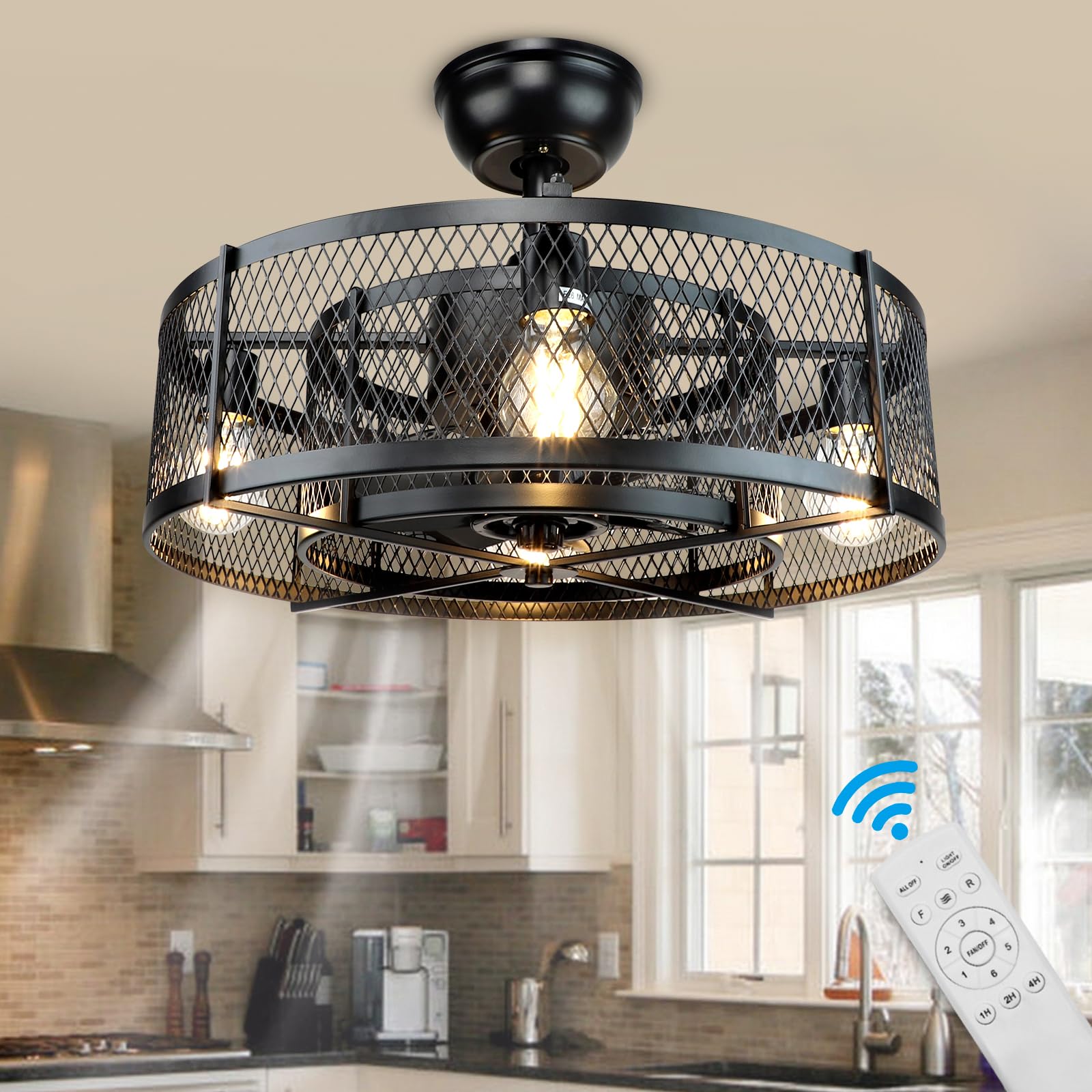 20 Inch Black Caged Ceiling Fan with Light and Remote - Farmhouse Industrial Style, 6 Speed Settings, Timer Function, E26 Bulb Base (Bulbs Not Included) - Perfect for Living Room, Bedroom, Kitchen, and Outdoor Covered Spaces