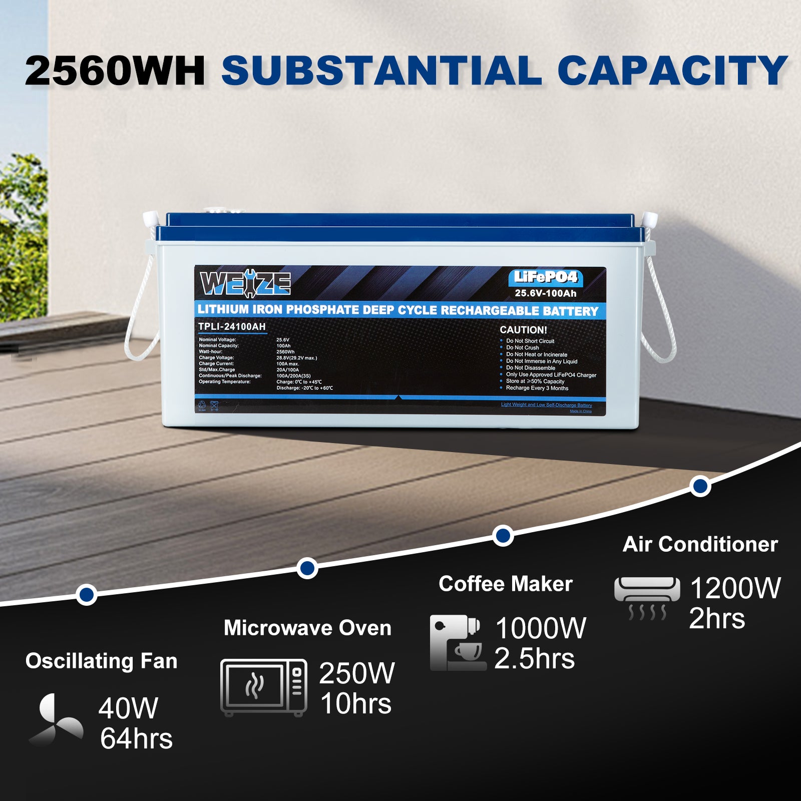 WEIZE 24V 100Ah 2560Wh Deep Cycle LiFePO4 Lithium Battery - Perfect for Solar Power Systems, RVs, Marine & Off-Grid Applications