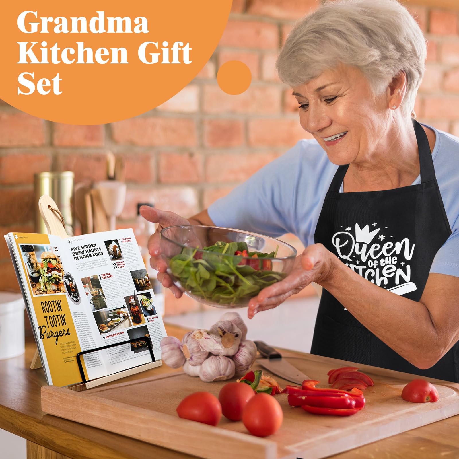 7-Piece Wooden Cookbook Stand & Kitchen Utensil Set - Adjustable Recipe Holder with Apron - Perfect Mother's Day, Birthday & Valentine's Gift for Grandma, Mom, Nana from Daughter or Granddaughter - Ideal for Cooking, Baking & Kitchen Organization