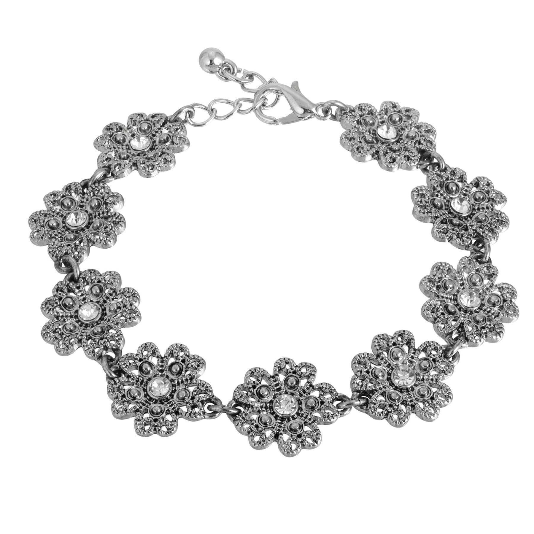 1928 Crystal Flower Link Bracelet for Women - Elegant Rhinestone Adjustable Chain Bracelet for Party, Wedding & Everyday Wear