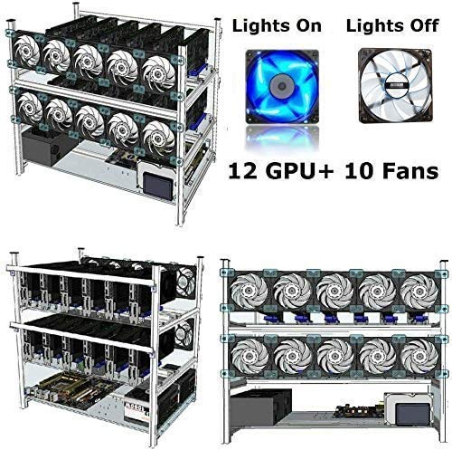 12 GPU Open Air Mining Rig Case - Stackable GPU Mining Frame for BTC, LTC, Ethereum (ETH, ETC) - Includes 10 Cooling Fans - Perfect for Cryptocurrency Mining & GPU Mining Farms
