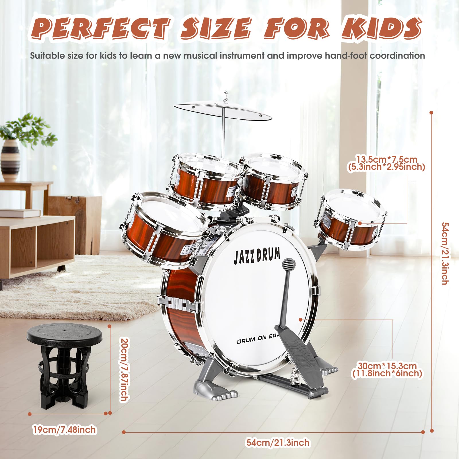 **Kids Toy Drum Set - 5-Piece Toddler Jazz Drum Kit with Sticks, Percussion Musical Instruments for Boys & Girls Ages 3-5 - Perfect Birthday Gift for Preschoolers & Early Childhood Music Play**    *(Use Cases: Indoor Play, Birthday Parties, Music Education, Pretend Play, Early Childhood Development)*