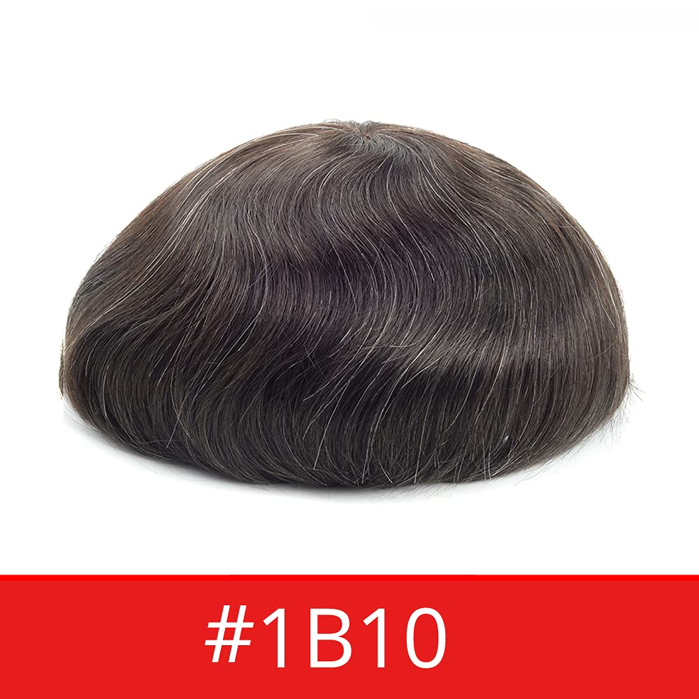 Premium 8x10 Inch Men's Hair System - 0.06mm Super Thin Skin Toupee with 100% Human Hair (Off Black 1B + 10% Grey) | V-Looped Hairpiece for Natural Look | Perfect for Daily Wear, Special Occasions & Hair Loss Solutions