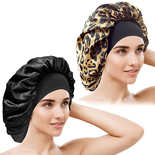 2 PCS Jumbo Silk Bonnets for Women - Extra Large Satin Hair Bonnet for Black Women with Curly & Long Hair - Sleeping Cap for Hair Protection (Leopard Print, Black) | Perfect for Nighttime Hair Care & Travel