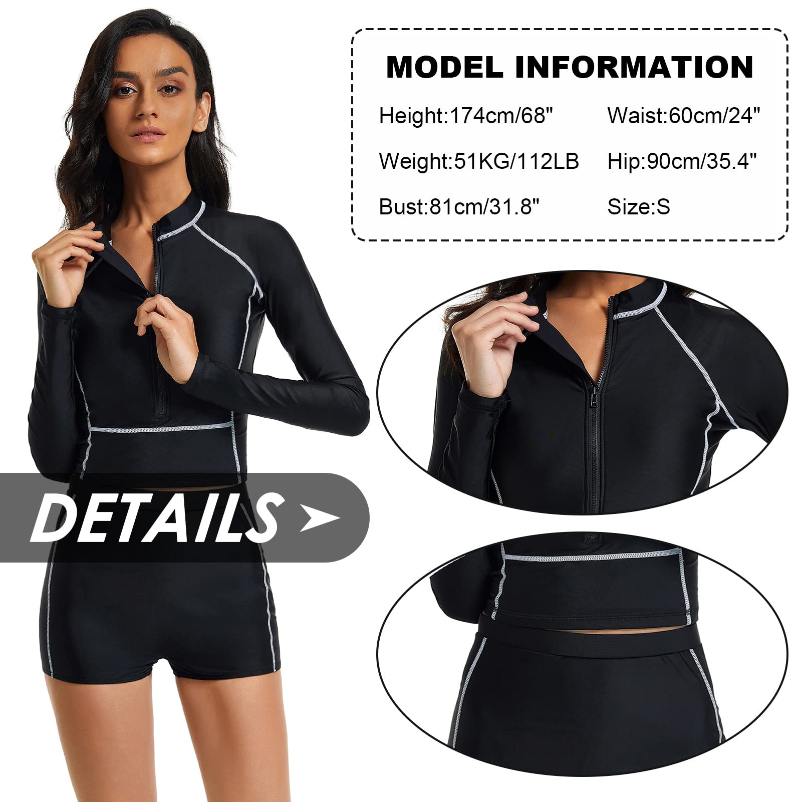 Women's Long Sleeve Sun Protection Two Piece Swimsuit - UPF 50+ Rash Guard Crop Top & High Waist Bottom for Surfing, Swimming & Beach Activities