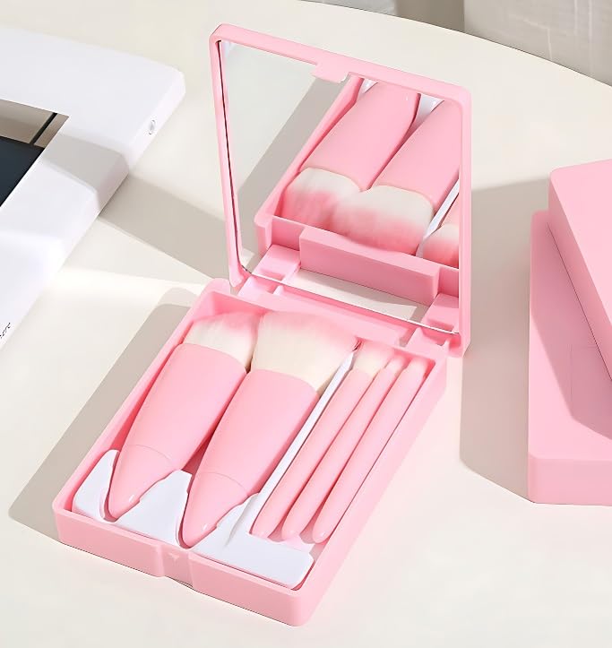 5-Piece Mini Travel Makeup Brush Set with Mirror - Compact Cosmetic Brushes for Foundation, Powder, Concealer, Eyebrow, Eyeshadow, Blush & Lip Gloss | Perfect for On-the-Go Touchups, Travel Kits & Small Makeup Bags