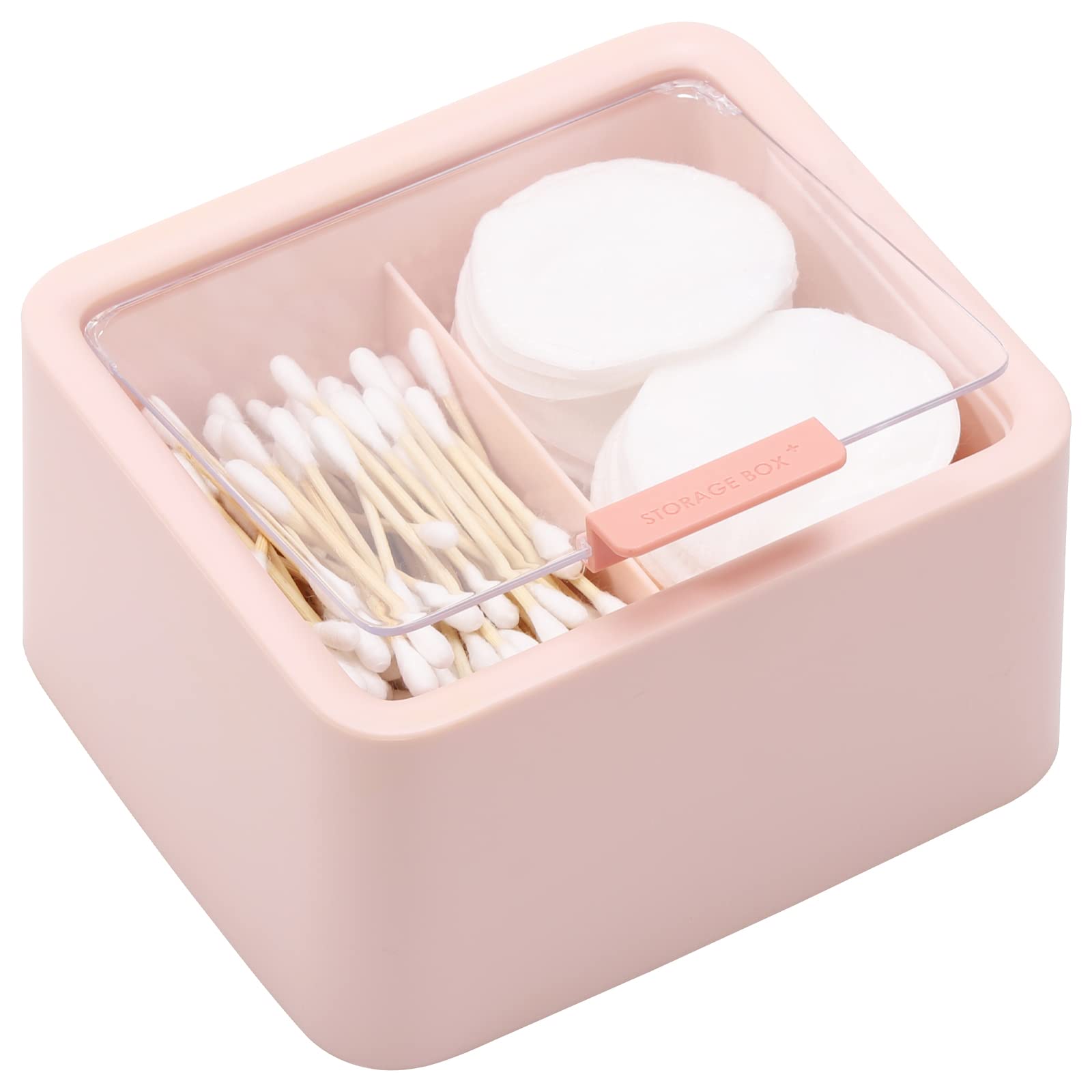 Tecbeauty Q-Tips Storage Organizer - 2 Compartment Cotton Swab Dispenser with Hinged Lid, Bathroom Canister for Cotton Balls & Pads (Pink) | Perfect for Vanity, Makeup Counter & Bathroom Organization