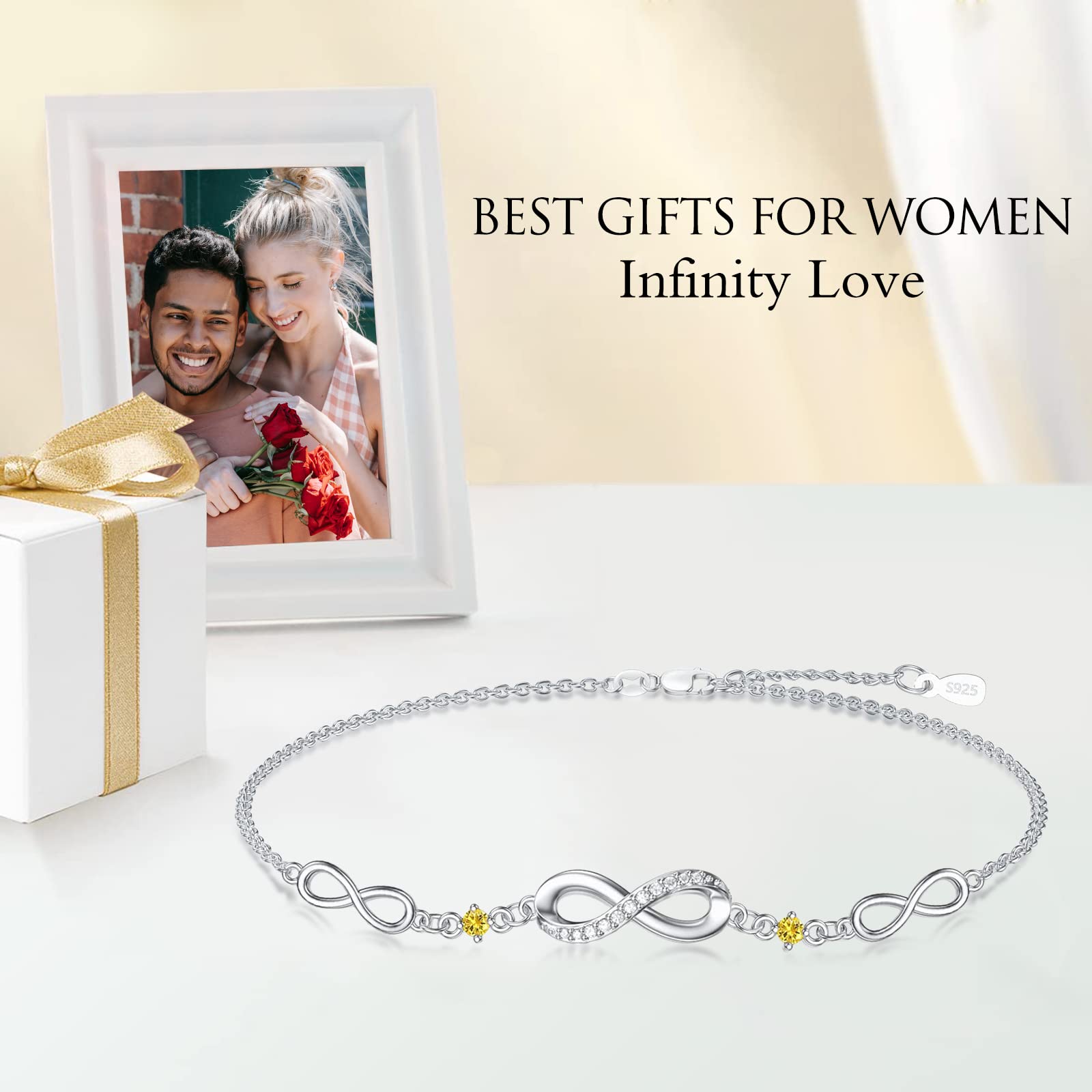 Infinity Bracelet for Women - 925 Sterling Silver Adjustable Birthstone Charm Link Bracelet - Christmas, Birthday Gift for Wife, Mom, Her - Perfect for Holidays, Anniversaries & Special Occasions