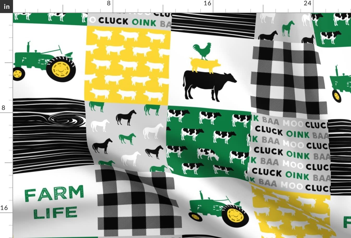Farm Life Horse Printed Minky Fabric - Green Yellow Black Woodgrain Patchwork Fat Quarter for Sewing Baby Blankets, Quilt Backing & Plush Projects - Soft & Cozy Fabric for DIY Crafts, Nursery Decor & Home Decor