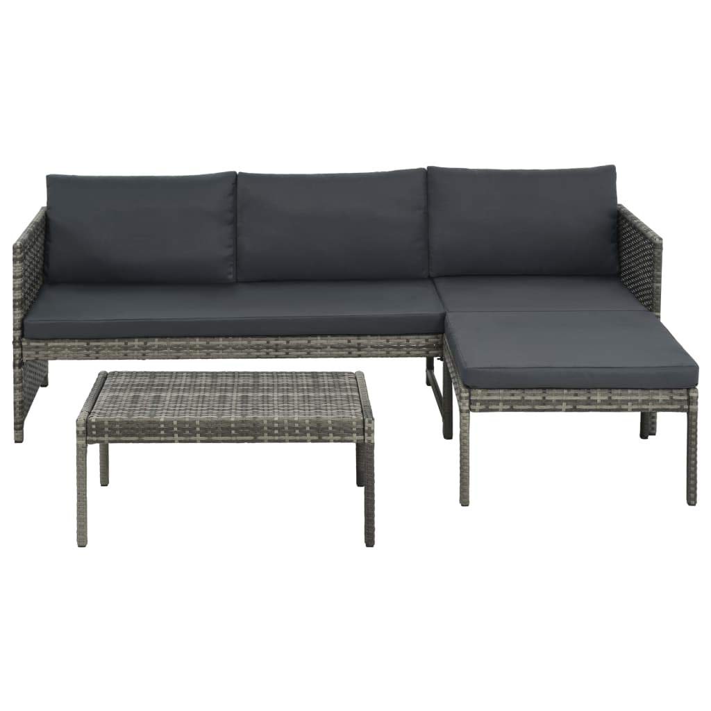 3-Piece Gray Poly Rattan Patio Furniture Set with Cushions & Coffee Table - Outdoor Garden Sofa Conversation Set, Weather-Resistant Wicker Lounge Chairs for Backyard, Poolside or Deck Relaxation