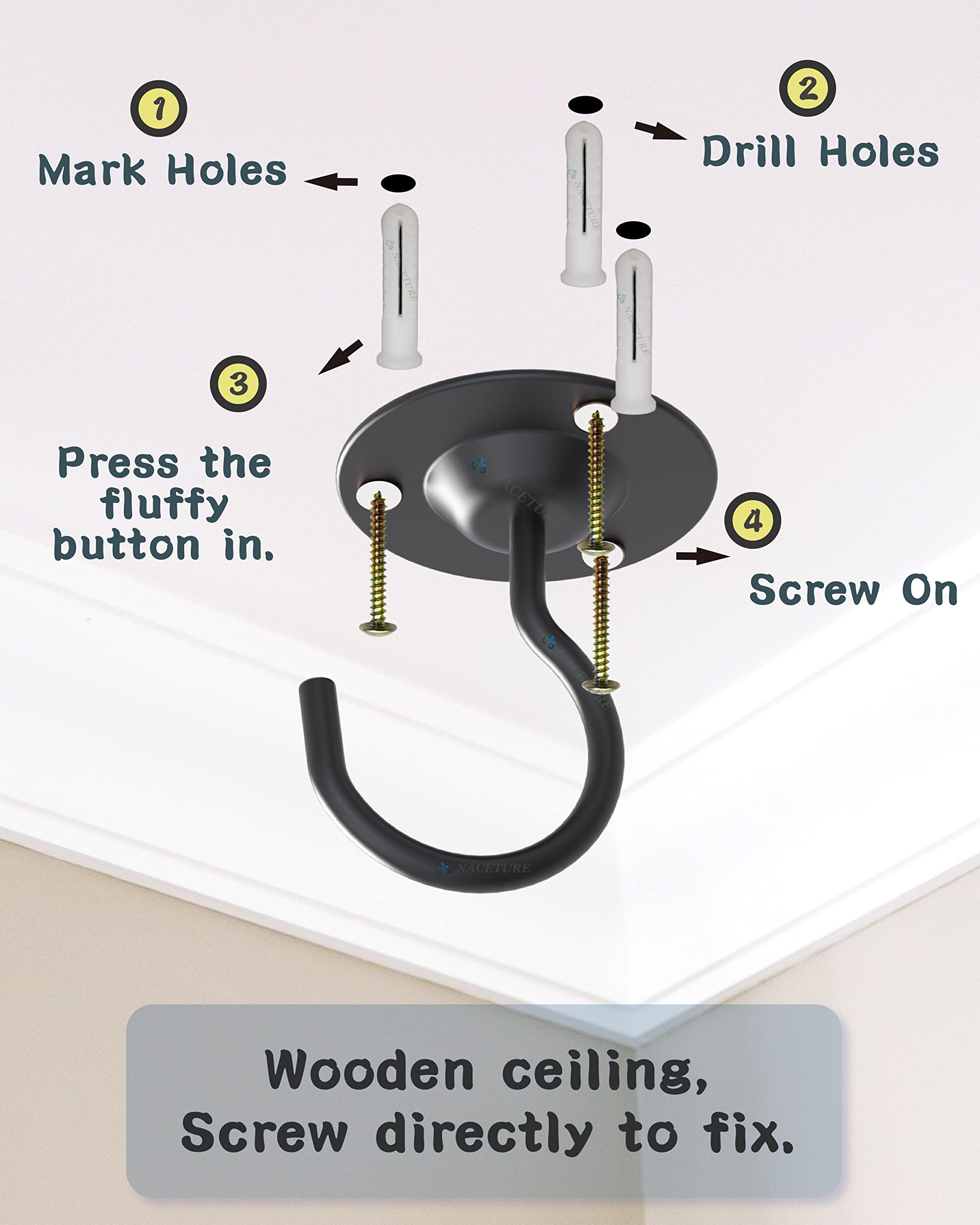 NACETURE 3-Pack Black Metal Ceiling Hooks for Hanging Plants, Lanterns & Wind Chimes - Heavy Duty Iron Plant Hanger Brackets with Chains - Perfect for Indoor & Outdoor Decoration