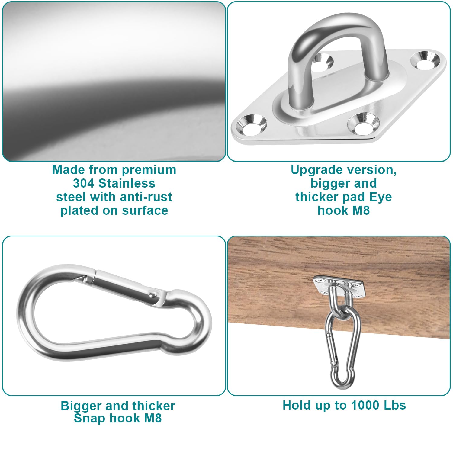 Heavy Duty Hammock Hanging Kit - 1000 lb Capacity Swing Hooks, Stainless Steel Ceiling & Wall Mount Hooks for Indoor/Outdoor Use - Perfect for Hammocks, Swings, and Porch Decor (Medium)