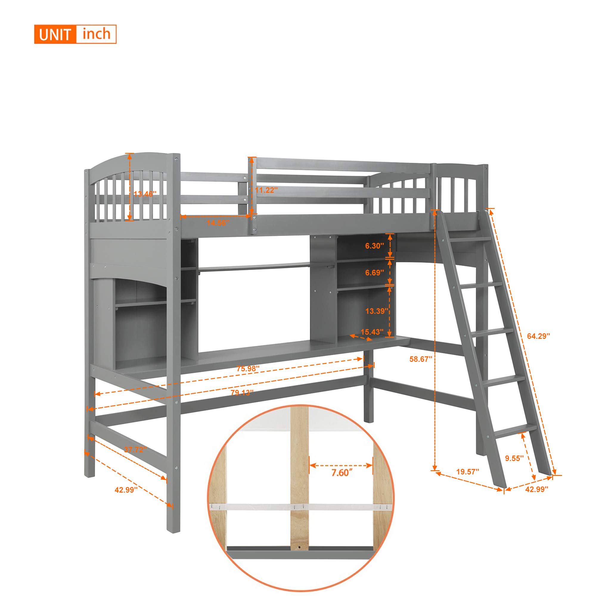 Space-Saving Loft Bed with Built-in Desk for Kids & Teens - Twin Size, Gray - Perfect for Small Bedrooms, Dorms & Studio Apartments