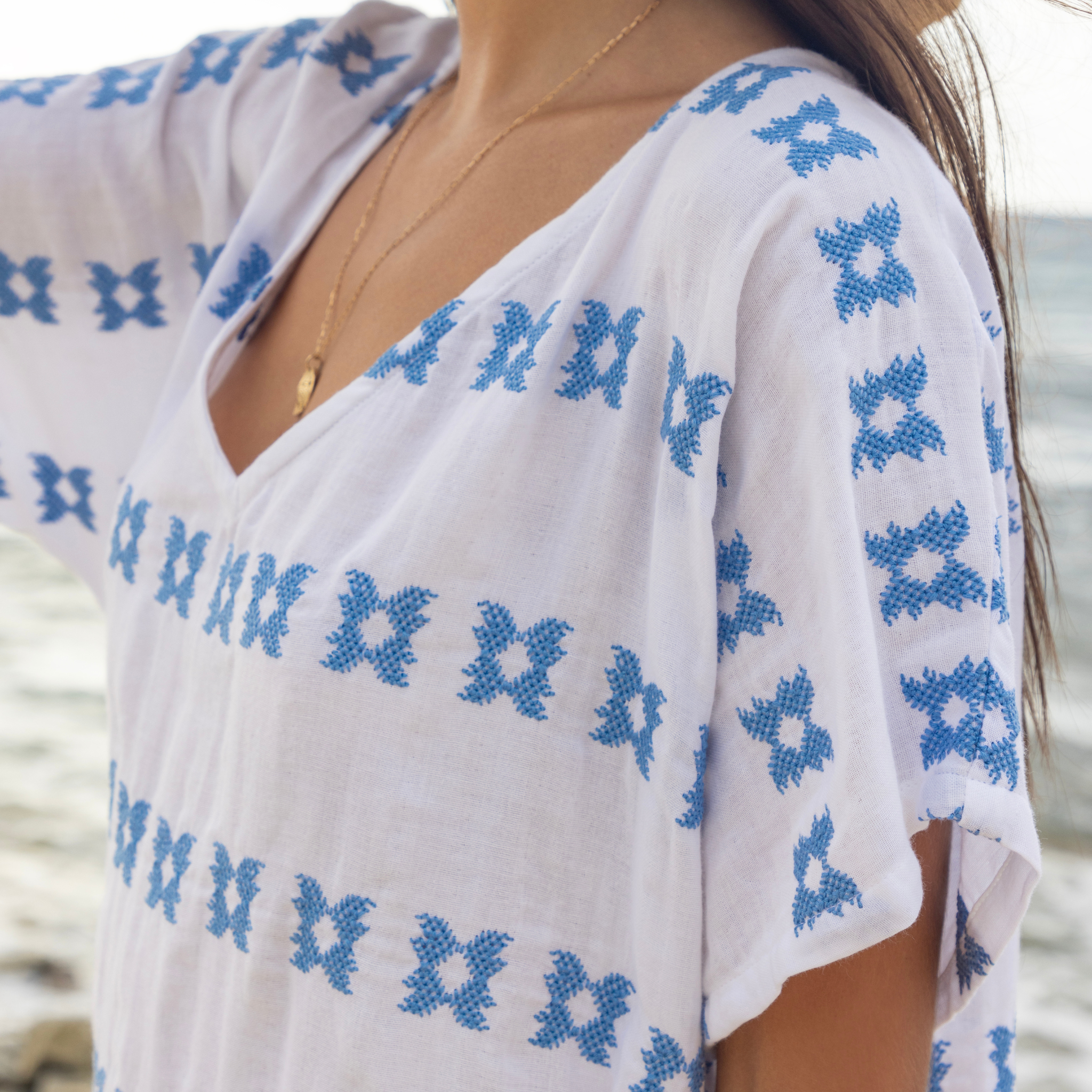 Capucine Women's Mini Caftan Dress - Blue Embroidered Summer Beach Cover Up | Perfect for Vacation, Poolside & Boho Chic Outfits