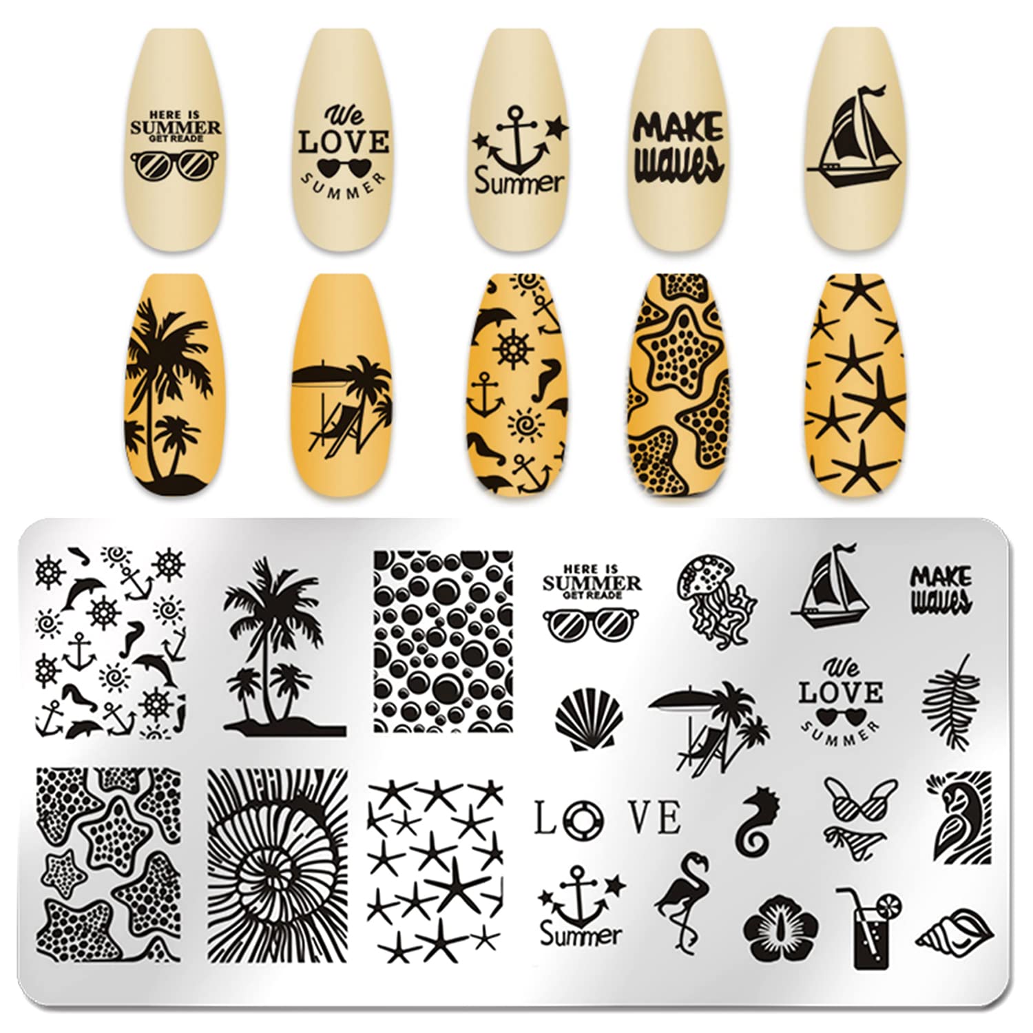 Beach Nail Stamping Kit - 6Pcs Summer Nail Art Plates for Vacation Designs | Palm Tree, Boat, Fish Patterns for Seaside Manicures