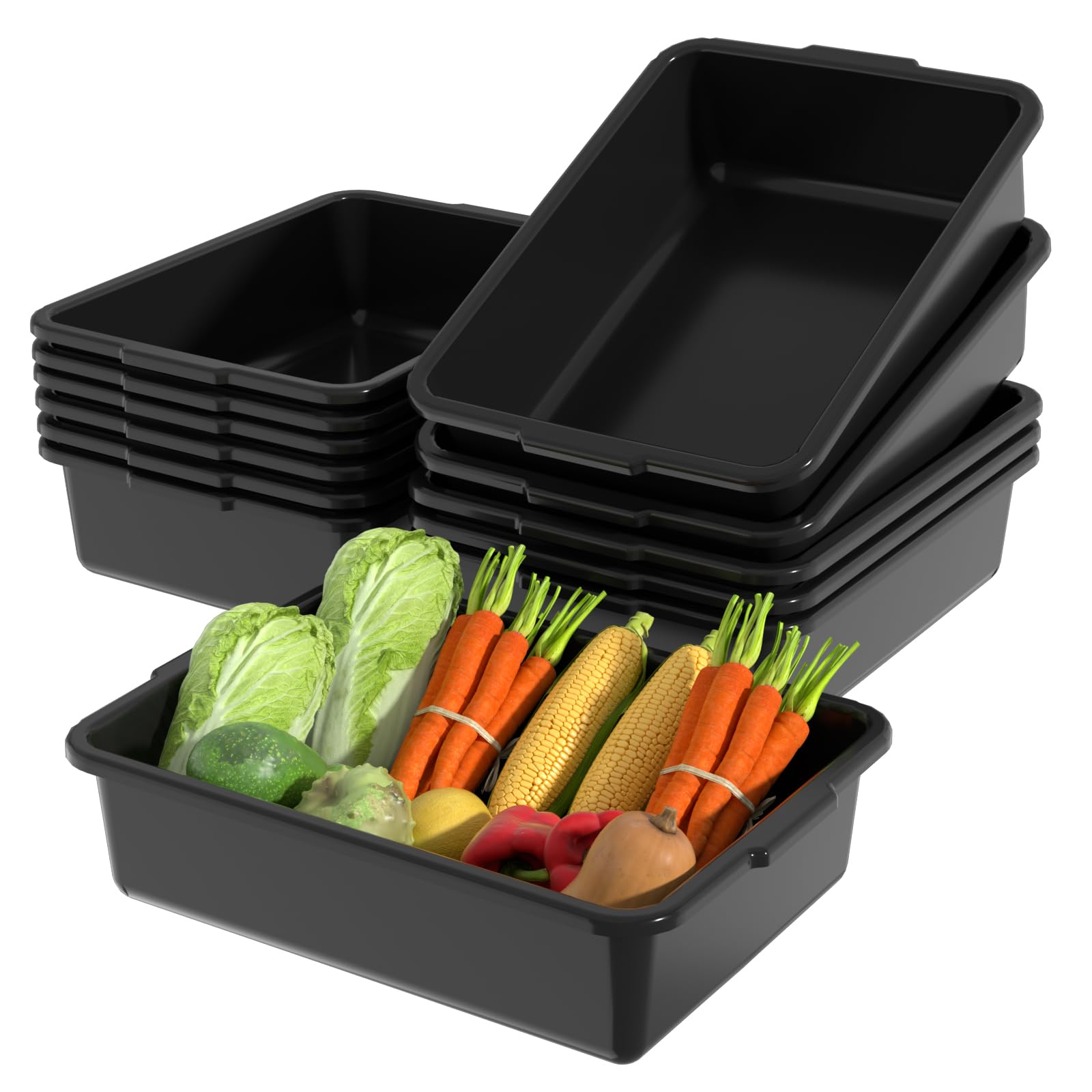 12-Pack 13L Commercial Plastic Bus Boxes & Restaurant Dish Tubs - Heavy-Duty Black Food Storage Containers for Catering, Buffets, and Kitchen Organization