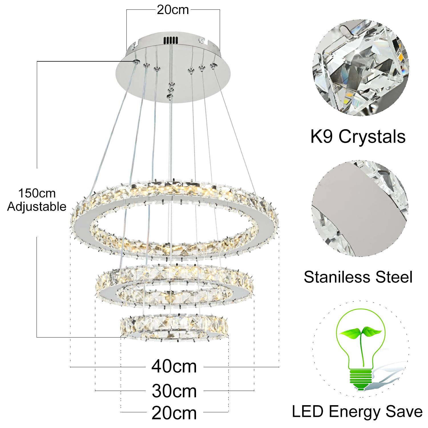 Naoeoon Modern LED Crystal Chandelier - 48W Dimmable Pendant Light with 3 Crystal Rings, 3000K-6500K Color Temperature, 9100LM Brightness for Dining Room, Kitchen Island & Foyer Lighting
