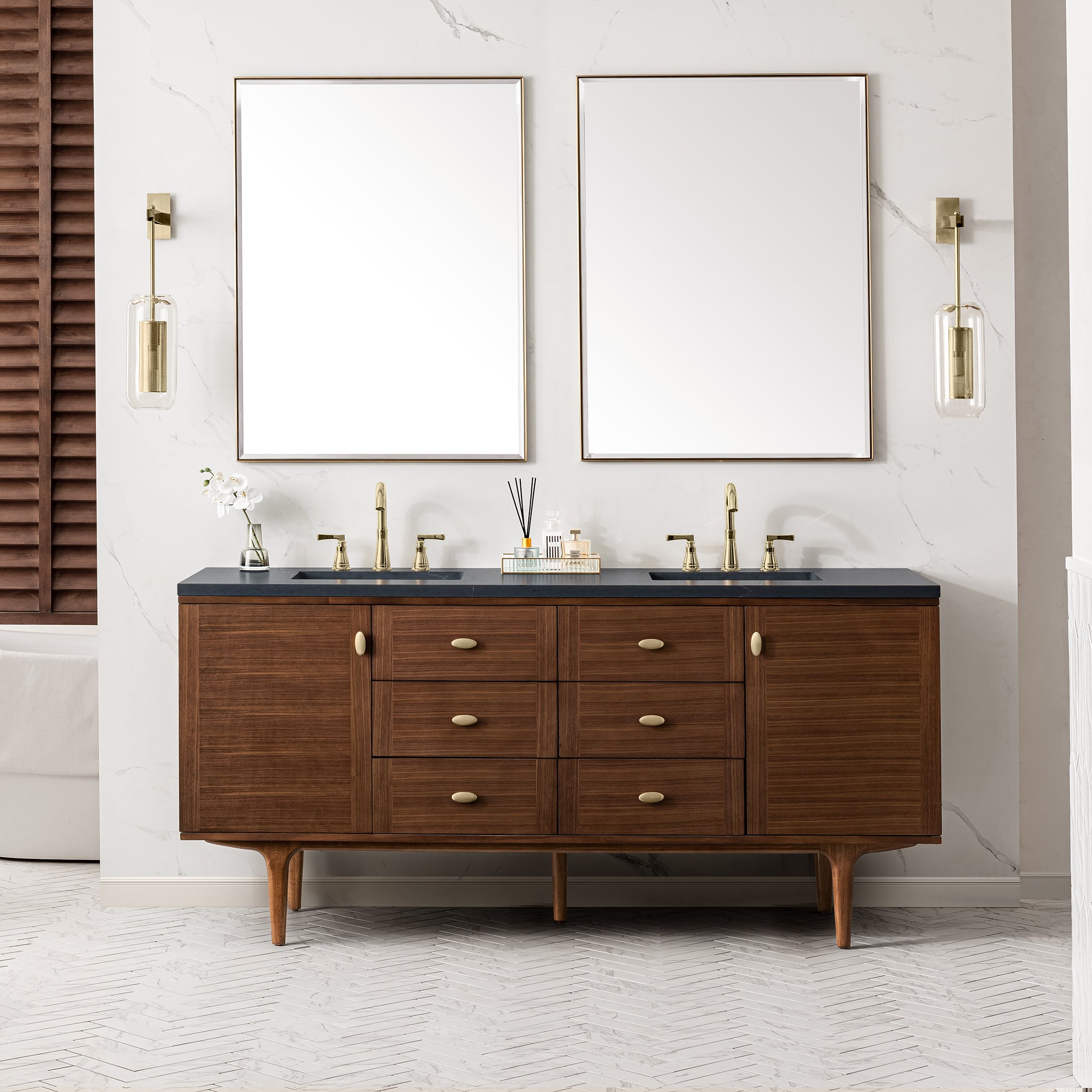 Amberly 72 Inch Double Bathroom Vanity - Mid Century Modern Walnut Wood with 3CM Charcoal Soapstone Countertop | Perfect for Master Bathroom Renovation & Luxury Home Upgrade