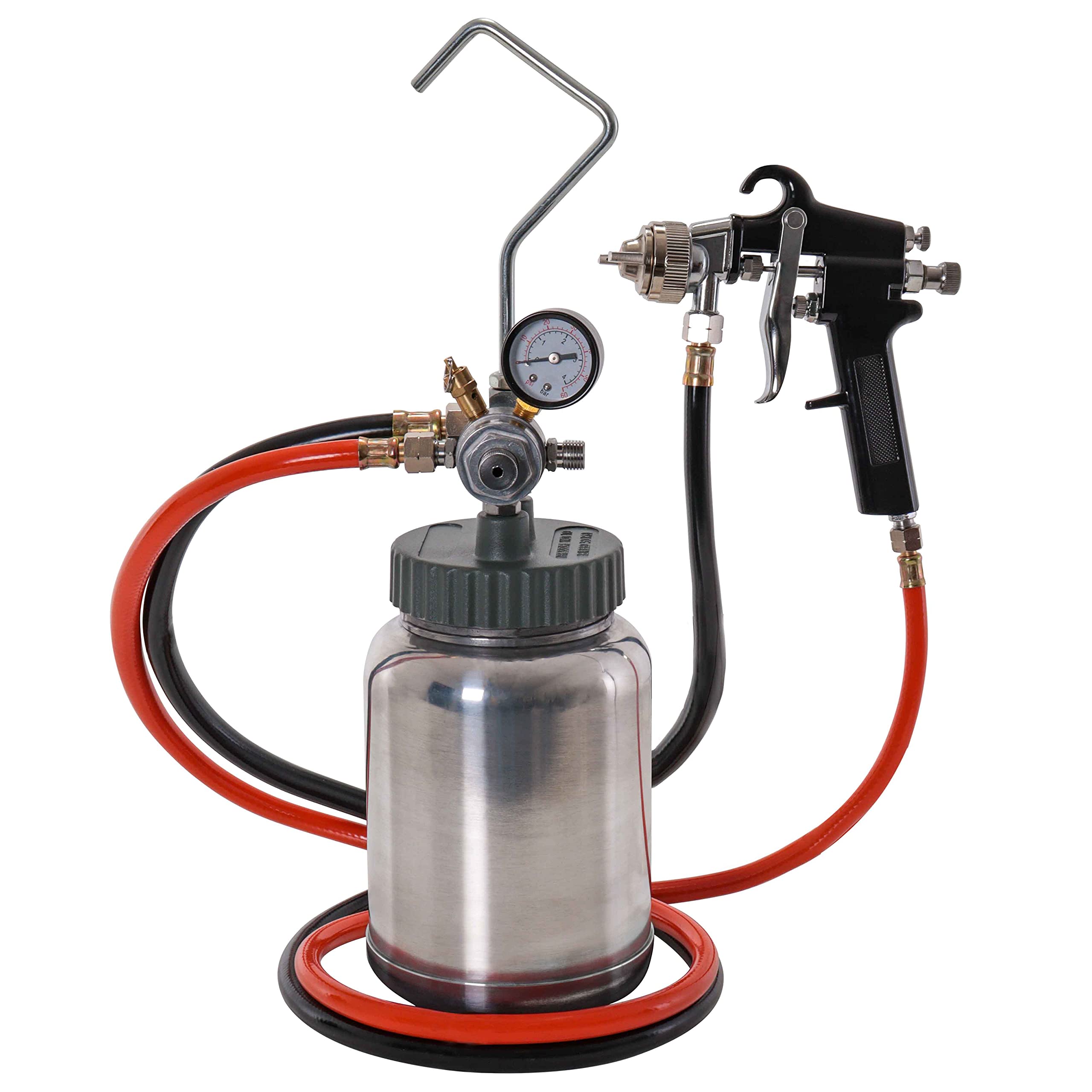 TCP Global 2 Quart Spray Paint Pressure Pot Tank with Master Elite 55 Series HVLP Spray Gun - 1.2mm Tip & 6' Air/Fluid Hose - Professional Automotive, Woodworking & DIY Painting Tool for Home Projects & Industrial Use
