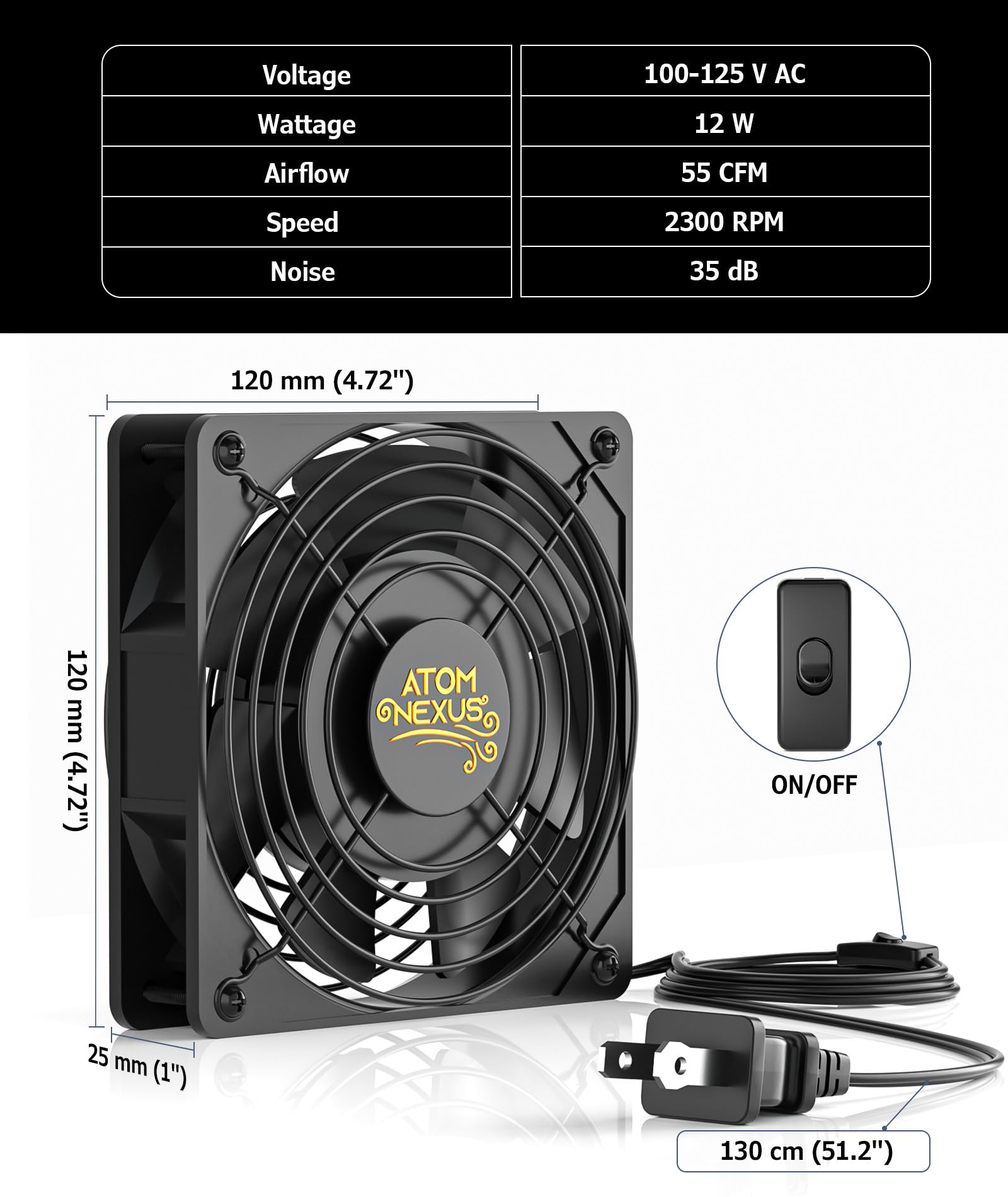 AN1225 AC Axial Fan - 120V Computer Cooling Fan with AC Plug, 120mm x 25mm Quiet Muffin Fan for PC, Cabinet, DIY Ventilation & Exhaust Systems - Perfect for Home Office, Server Rooms & Electronics Cooling