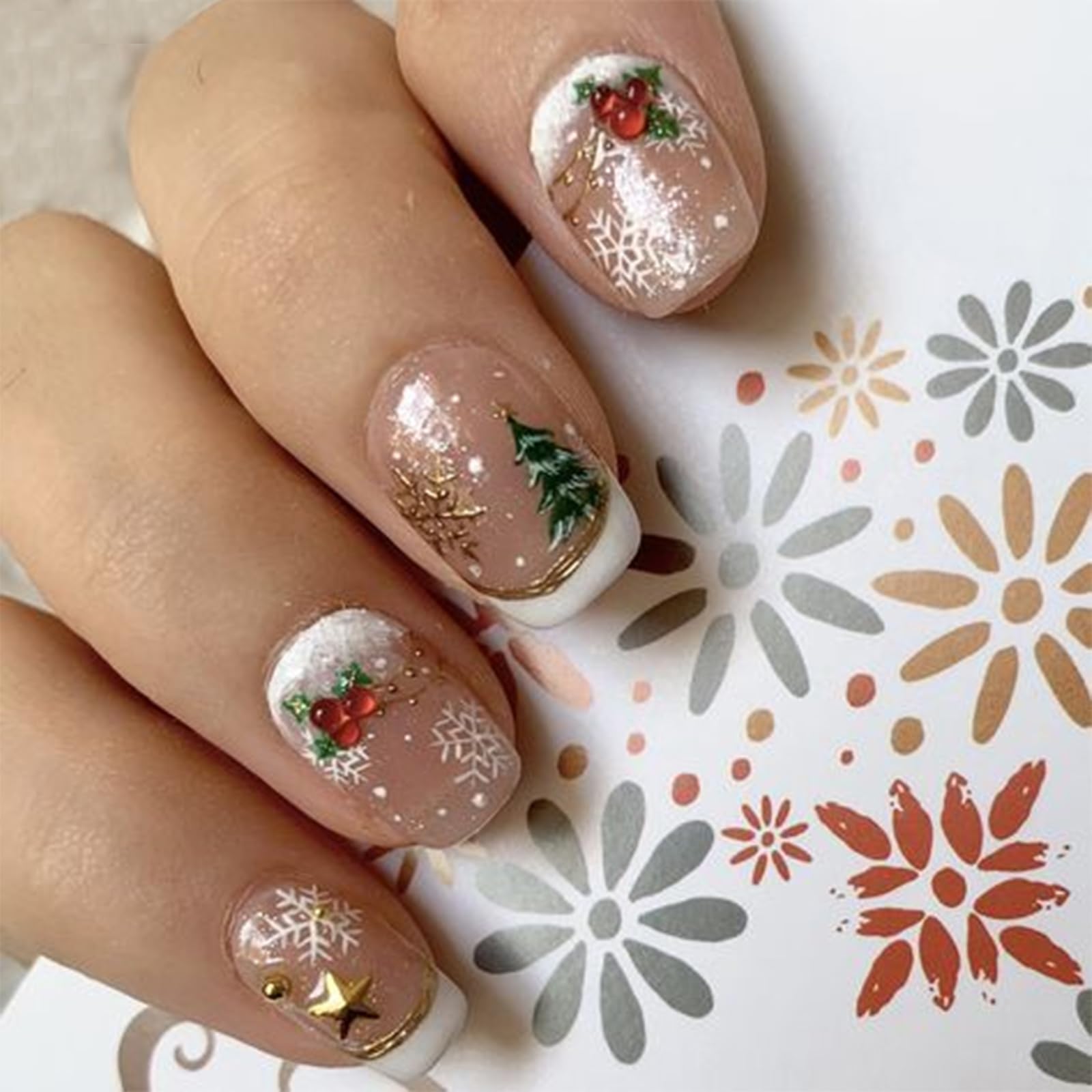 Christmas Snowflake Sequins Press on Nails - 24Pcs Square Fake Nails with Christmas Tree Design, Star Pearl Rhinestones for Women & Girls - Full Cover Glossy Stick on Nails for Holiday Parties, Winter Nail Decoration & Gift Giving