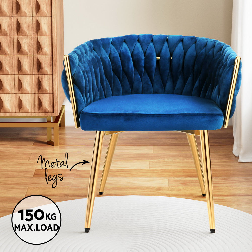 2 Pack Artiss Velvet Woven Dining Chairs - Blue Upholstered Armchairs for Kitchen, Dining Room & Home Decor