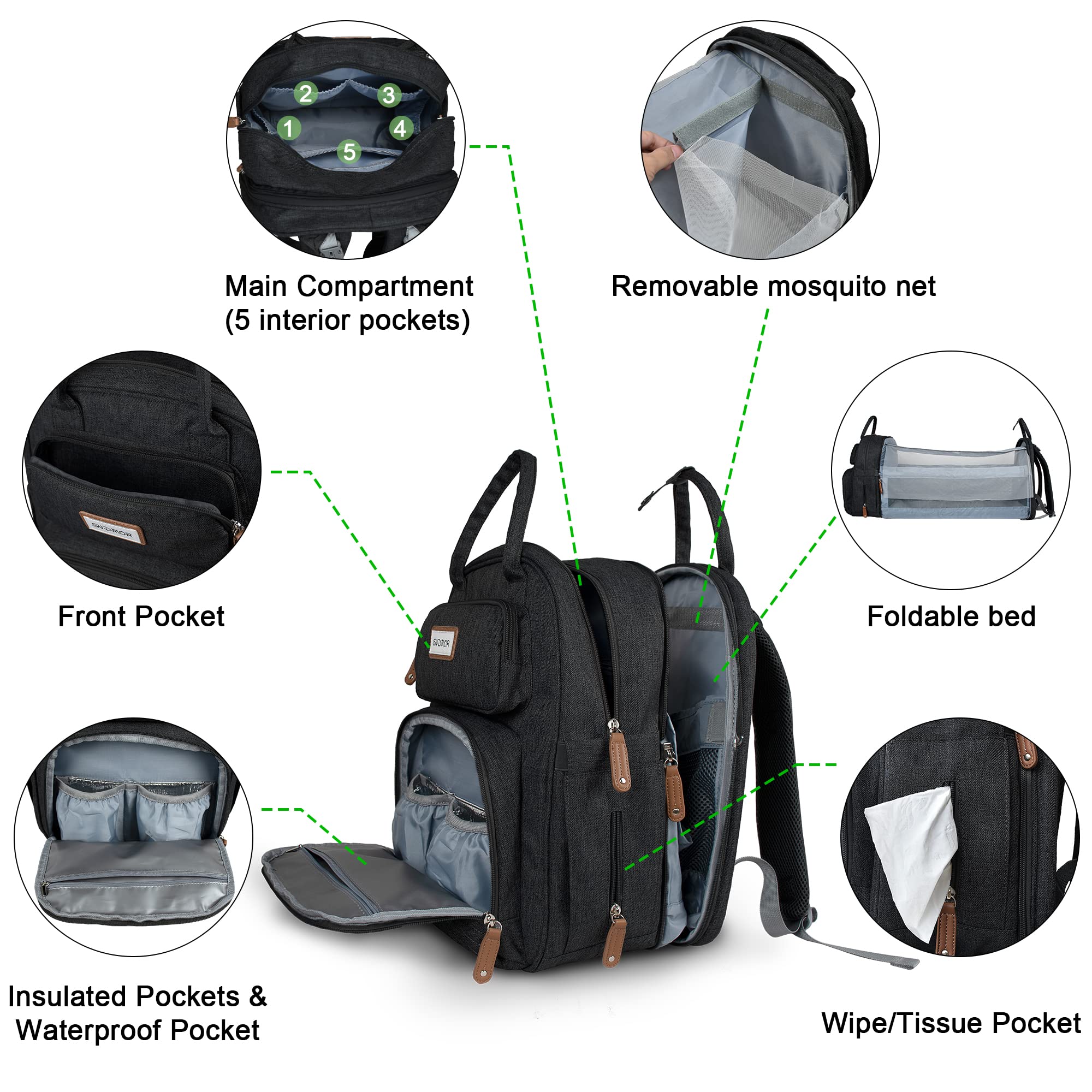 SNDMOR Large Baby Diaper Backpack - Waterproof Travel Diaper Bag with Foldable Changing Pad & Multiple Pockets, Stylish Black Diaper Bag for Moms - Perfect for Daycare, Outings & Family Trips