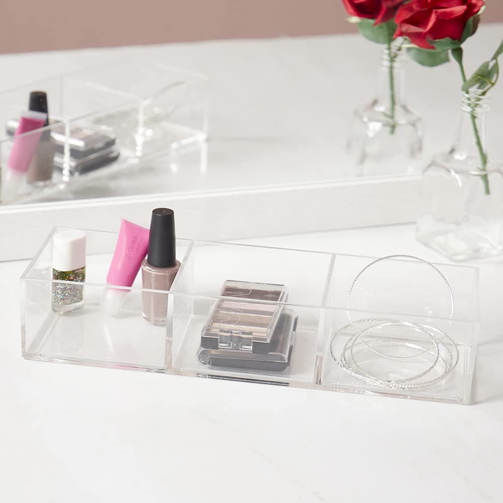 Home Basics 3-Section Clear Plastic Cosmetic Organizer | Simple Design Bathroom & Dresser Storage | Jewelry & Makeup Organizer for Vanity, Travel, and Daily Use