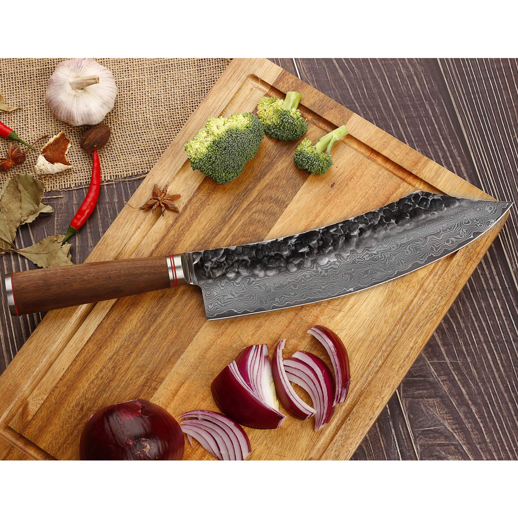 **YOUSUNLONG 10-Inch Butcher Knife - Professional Breaking Knife with Japanese Hammered Damascus Steel Blade, Natural Walnut Wood Handle & Leather Sheath - Ideal for Meat Cutting, Butchering, and Kitchen Prep**