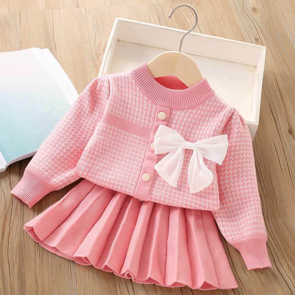 Elegant Bow Knitted Long Sleeve Princess Sweater Two-Piece Set for Girls | Winter Outfit for Parties & Family Photos