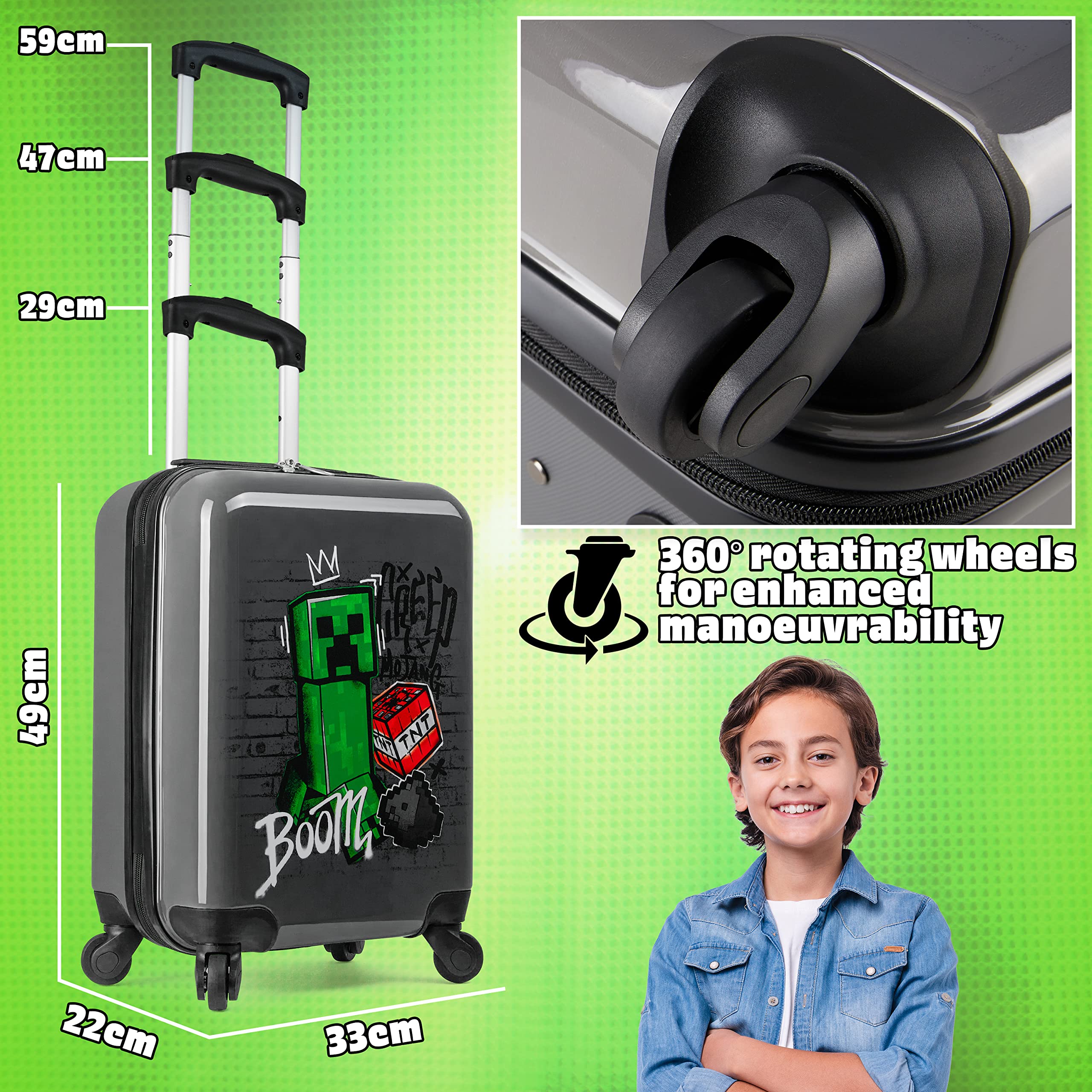 Minecraft Creeper Hard Shell Rolling Suitcase for Kids & Teens - 19.29