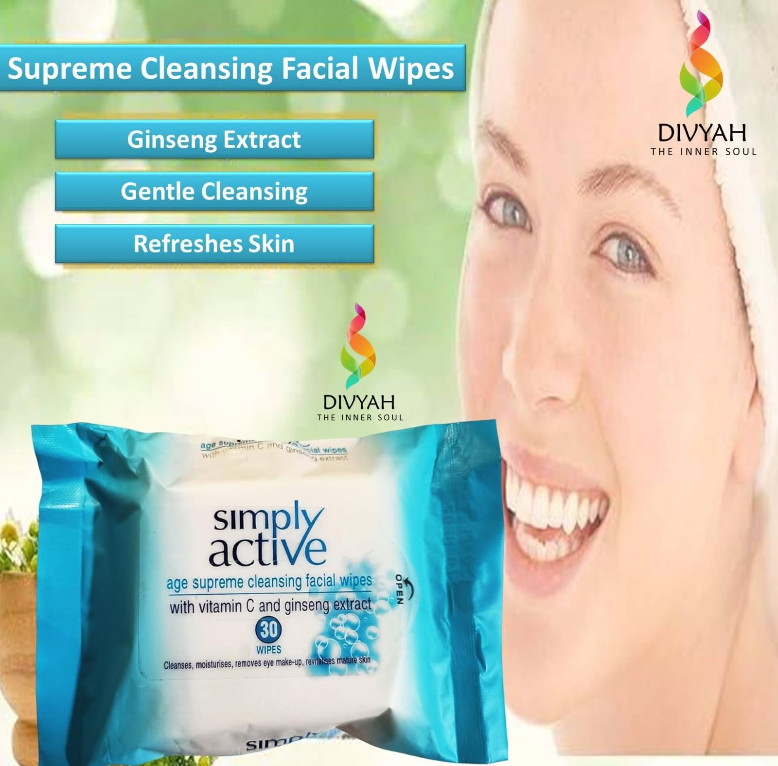 DIVYAH Supreme Cleansing Facial Wipes with Vitamin C & Ginseng Extract - 5 Pack | Deep Cleansing Moisturizing Wipes for Mature Skin | Soft & Refreshing Makeup Remover Wipes | Perfect for Travel, Gym & Daily Skincare Routine