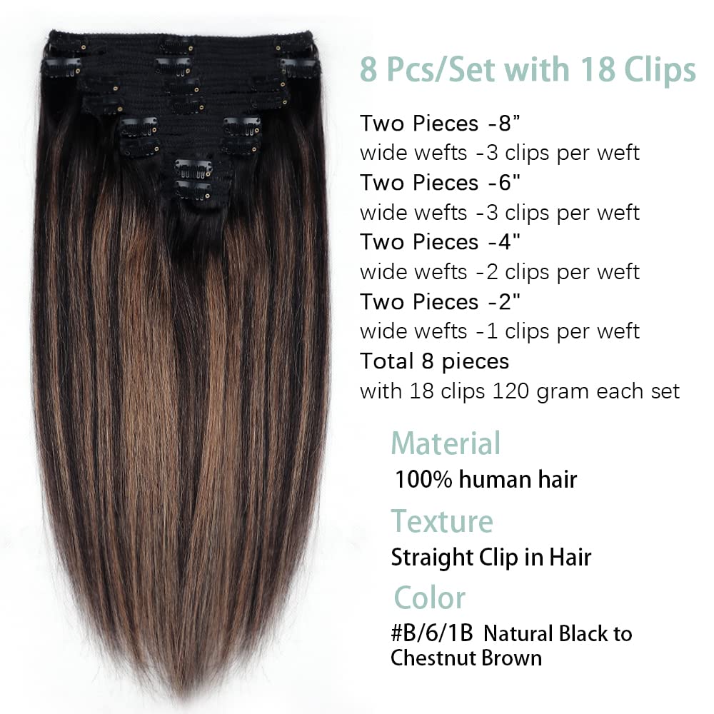 Premium 8-Piece Clip-In Hair Extensions for Women – 100% Brazilian Virgin Human Hair, Straight Remy Hair with 18 Clips & Double Lace Weft (120g, 24inch, #1B/6/1B) – Perfect for Daily Styling, Parties, Weddings & Special Occasions