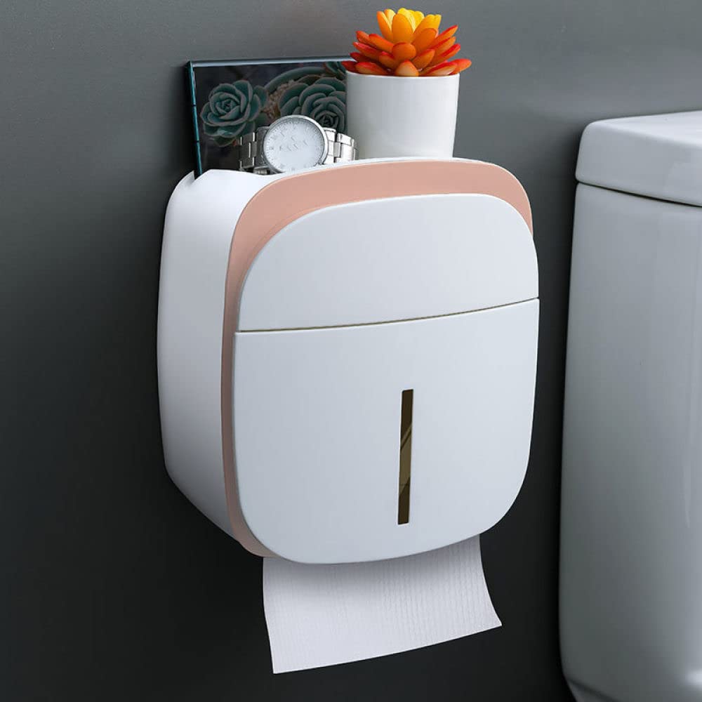 Waterproof Wall Mounted Toilet Paper Holder with Drawer - Bathroom Tissue Storage Shelf - No Drill Installation - Pink - Perfect for Small Bathrooms, RVs & Apartments