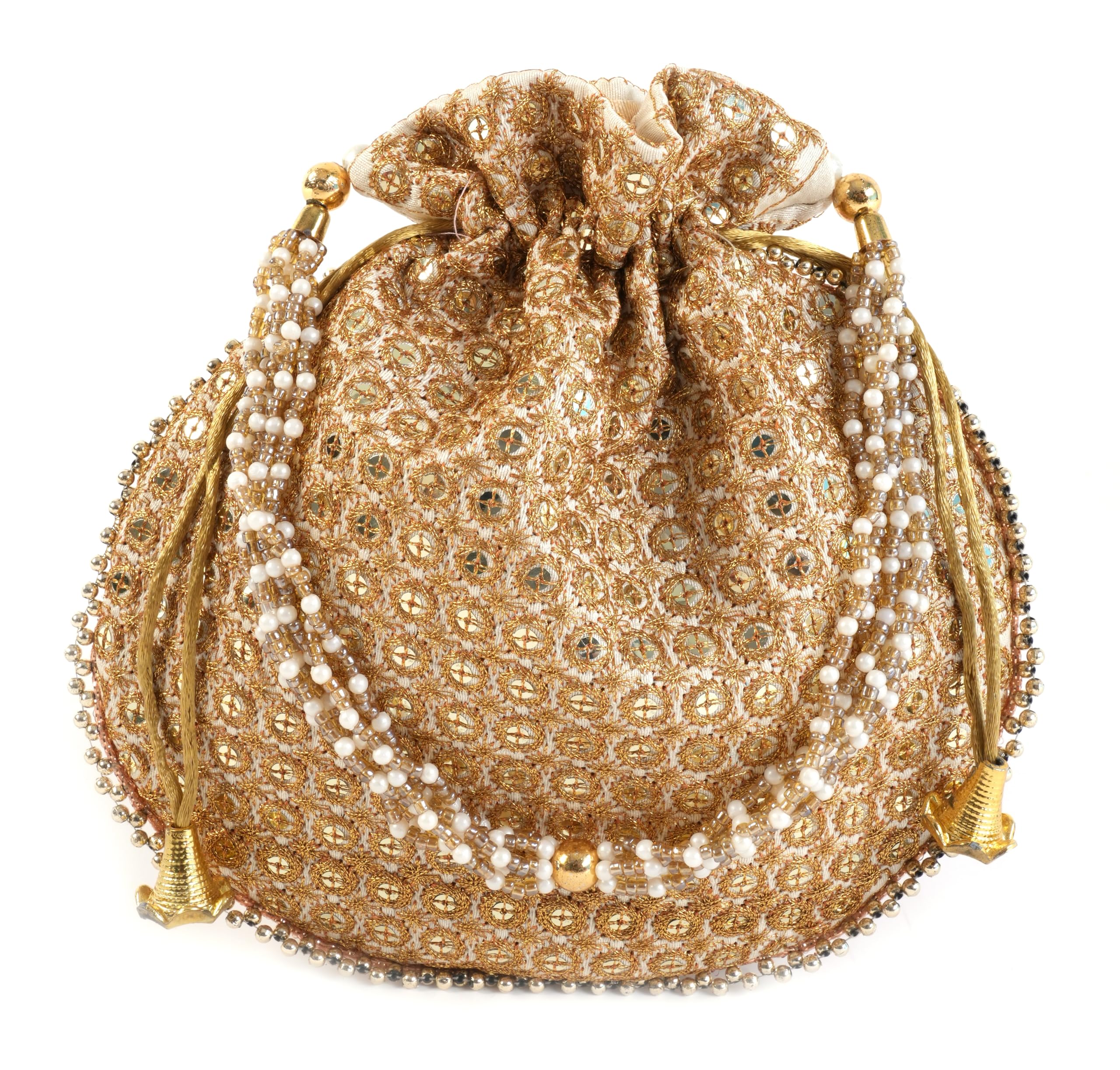 SUMERA WARQ Golden Embroidered Potli Bag for Women - Traditional Indian Wedding Clutch with Drawstring, Ethnic Handbag for Bridal & Festive Occasions - Perfect Gift for Ladies, Parties & Cultural Events