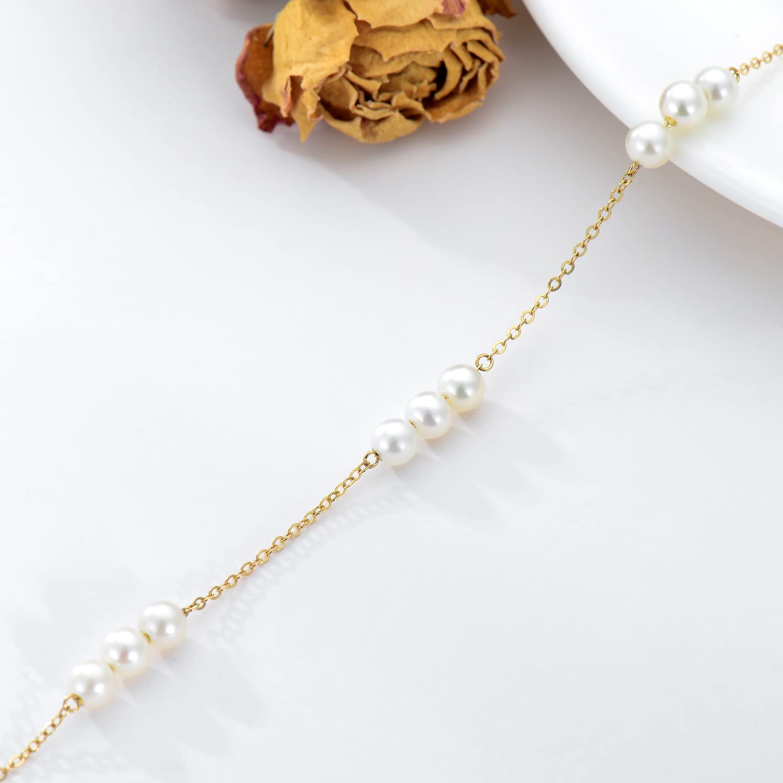 14K Solid Gold Pearl Bracelet for Women - Elegant Dainty Gold Pearl Beads Jewelry Gift for Her, Mom, Wife (6.5-8.1 Inch Adjustable) | Anniversary, Birthday, Wedding, Mother's Day Present | Perfect for Formal Events, Date Nights & Special Occasions