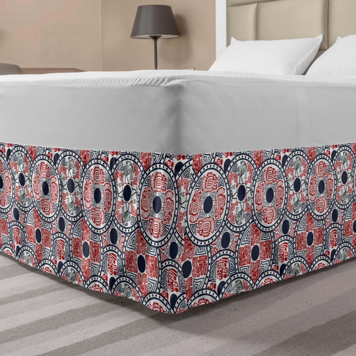 Ambesonne Native Elastic Bed Skirt - Queen Size Mayan Pattern with Animals & National Motifs in Circles - Dark Blue Vermilion Wrap Around Dust Ruffle for Bedroom Decor | Perfect for Bohemian & Ethnic Style Home Interiors