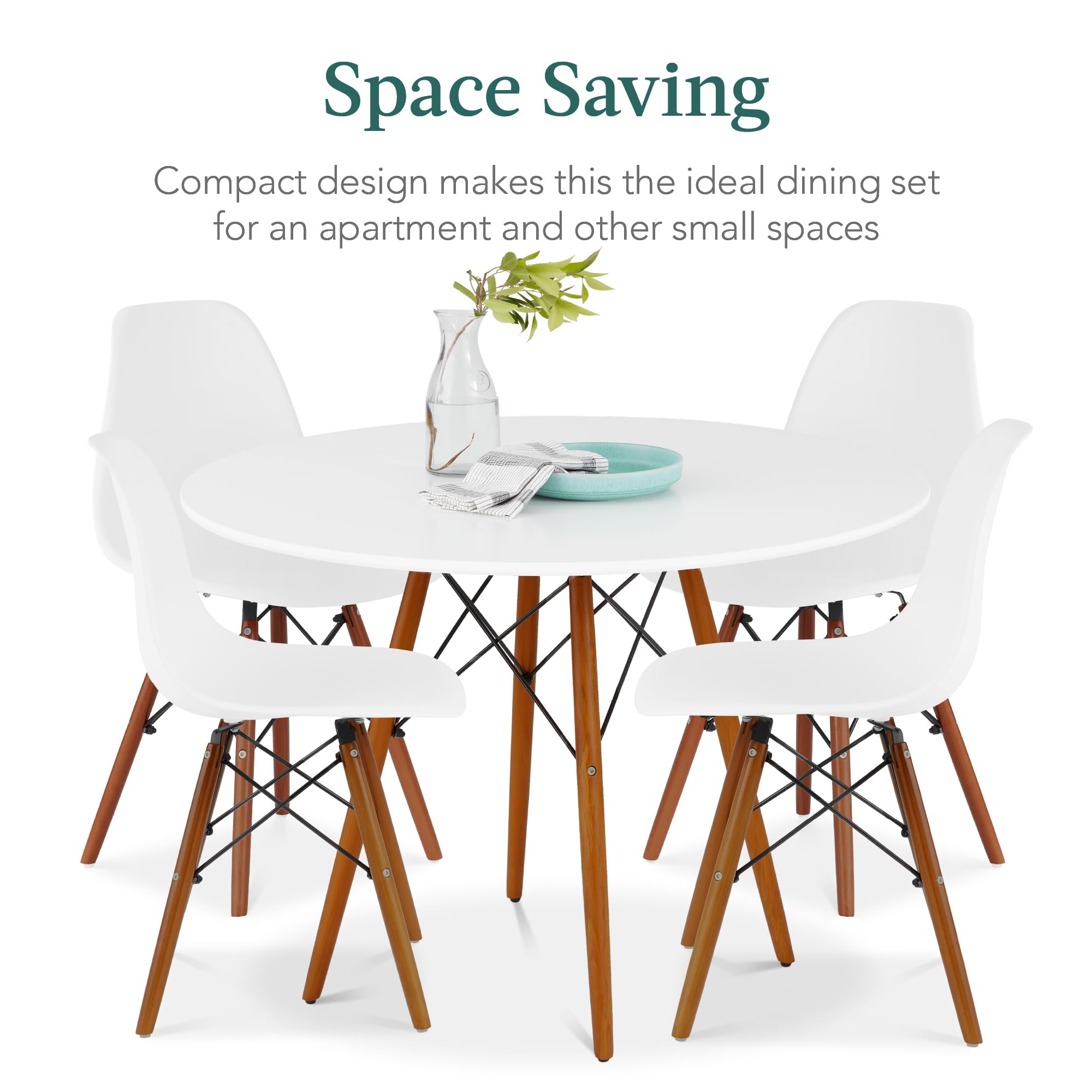 Best Choice Products 5-Piece Mid-Century Modern Dining Set - Compact Table & 4 Chairs with Plastic Seats, Wooden Legs & Metal Frame in White/Walnut - Perfect for Small Spaces, Apartments & Cozy Home Dining