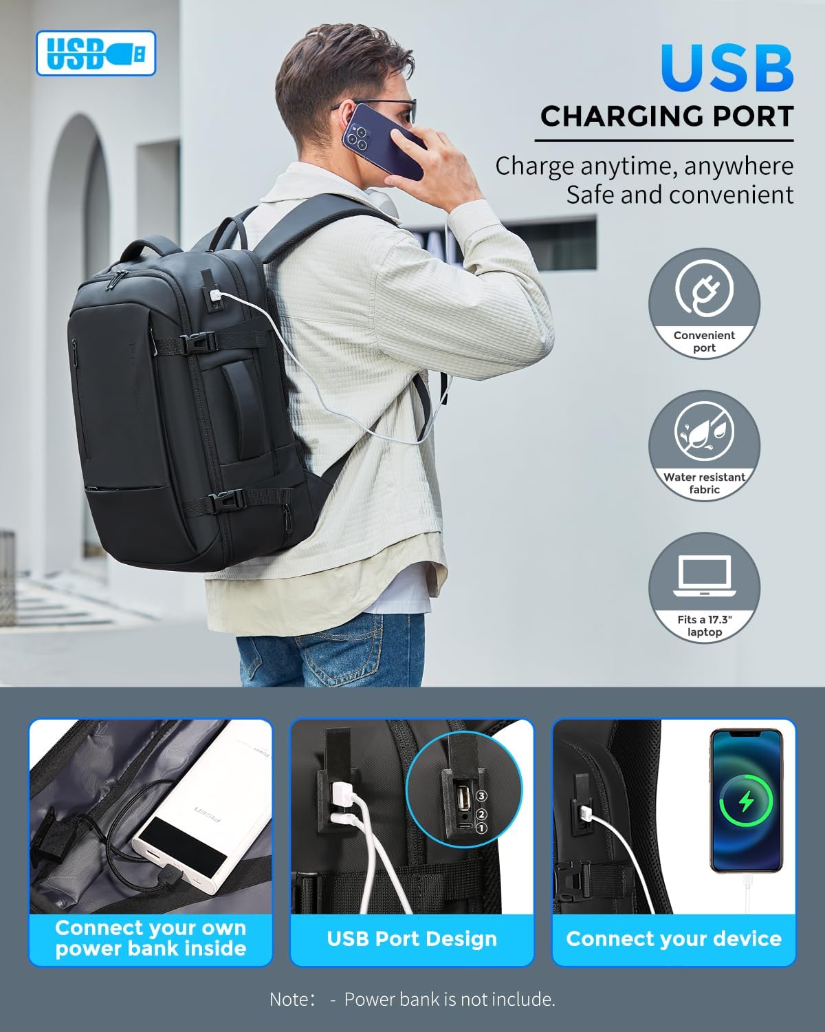 Men's Travel Backpack - Flight Approved Carry-On Backpack with USB Charging Port, Water Resistant Expandable Laptop Daypack (Fits 17.3 Inch Laptop) - Perfect for Business Travel, College & Work Commute
